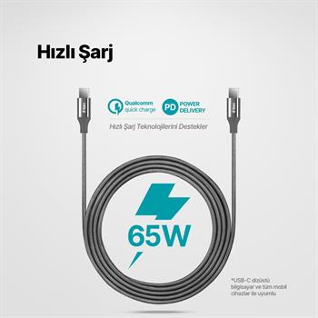 Ttec 2 Metre 65W Süper Hızlı Type C to Type C Şarj ve Data Kablosu, Kopmaz Yıpranmaz PD/QC Şarj Destekli Kablo