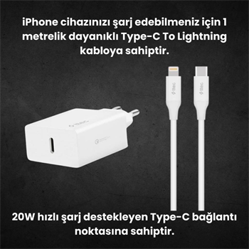 Ttec 20W PD Type C Girişli Şarj Adaptörü ve 1.2 Metre İphone Lightning Şarj Kablosu, Akım ve Isı Korumalı