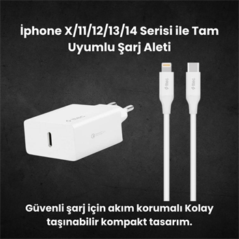Ttec 20W PD Type C Girişli Şarj Adaptörü ve 1.2 Metre İphone Lightning Şarj Kablosu, Akım ve Isı Korumalı