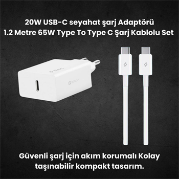 Ttec 20W PD Type C Girişli Şarj Adaptörü ve 1.2 Metre 65W  Type C Şarj Kablosu, Akım ve Isı Korumalı