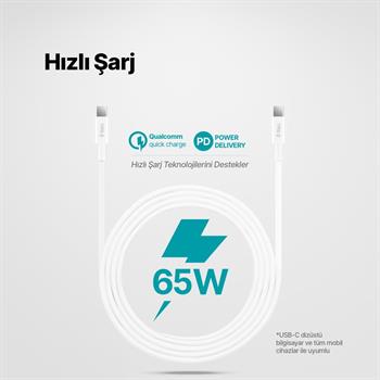 Ttec 2Metre 65W Süper Hızlı PD/QC Type C to Type C Şarj ve Data Kablosu, 480Mbps Hızlı Veri Aktarımlı Kablo