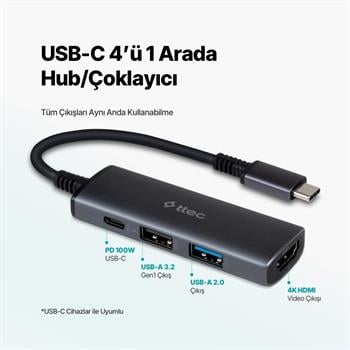 Ttec 4in1 100W Type C Çoğaltıcı Çevirici HUB, 2x USB, 1x PD Type C ve 1x 4K HDMİ Girişli Çoğaltıcı Adaptör