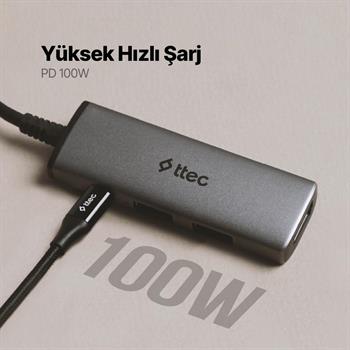 Ttec 4in1 100W Type C Çoğaltıcı Çevirici HUB, 2x USB, 1x PD Type C ve 1x 4K HDMİ Girişli Çoğaltıcı Adaptör