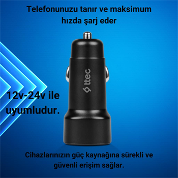 Ttec Süper Hızlı 3.1Amper 2x USB Girişli Araç Şarj Cihazı, 12/24V Çakmaklık Girişli Akım Korumalı