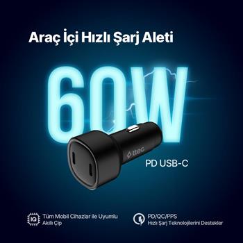Ttec Süper Hızlı 60W 2x PD Type-C Araç Şarj Cihazı, 12/24V Çakmaklık Girişli Akım ve Isı Korumalı