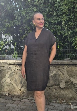 İtalyan Midi Boy Cepli Kahve Keten Elbise