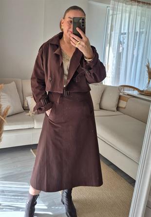 Kahve Midi Boy Etek Ceket