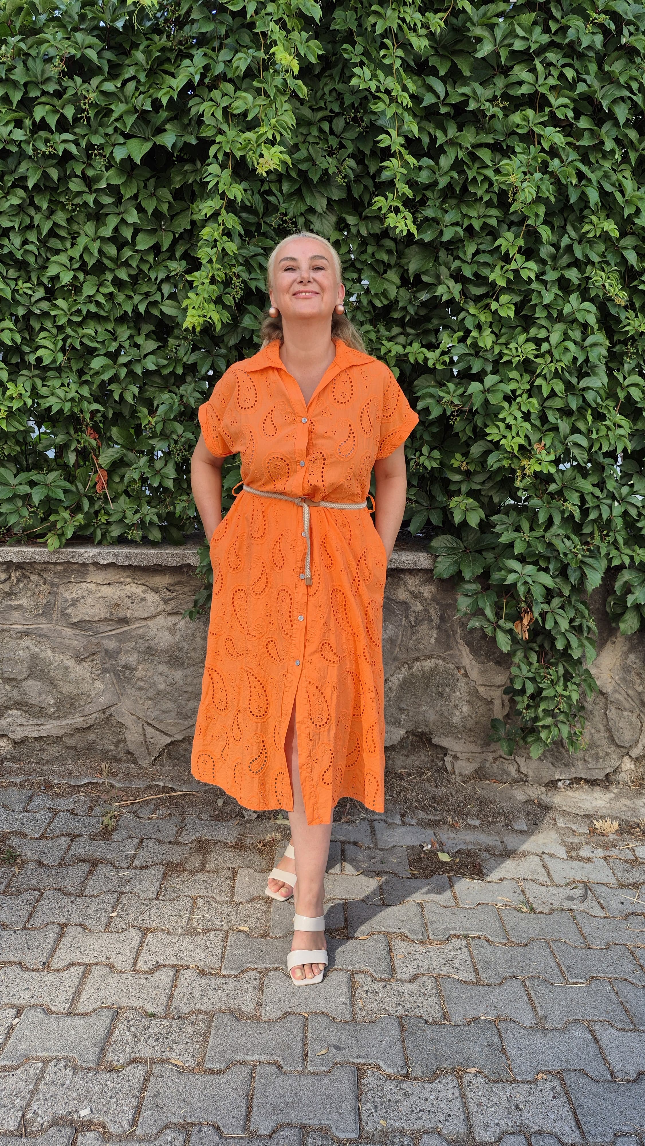 Fisto Detaylı Cepli İtalyan Midi Boy Oranj Elbise