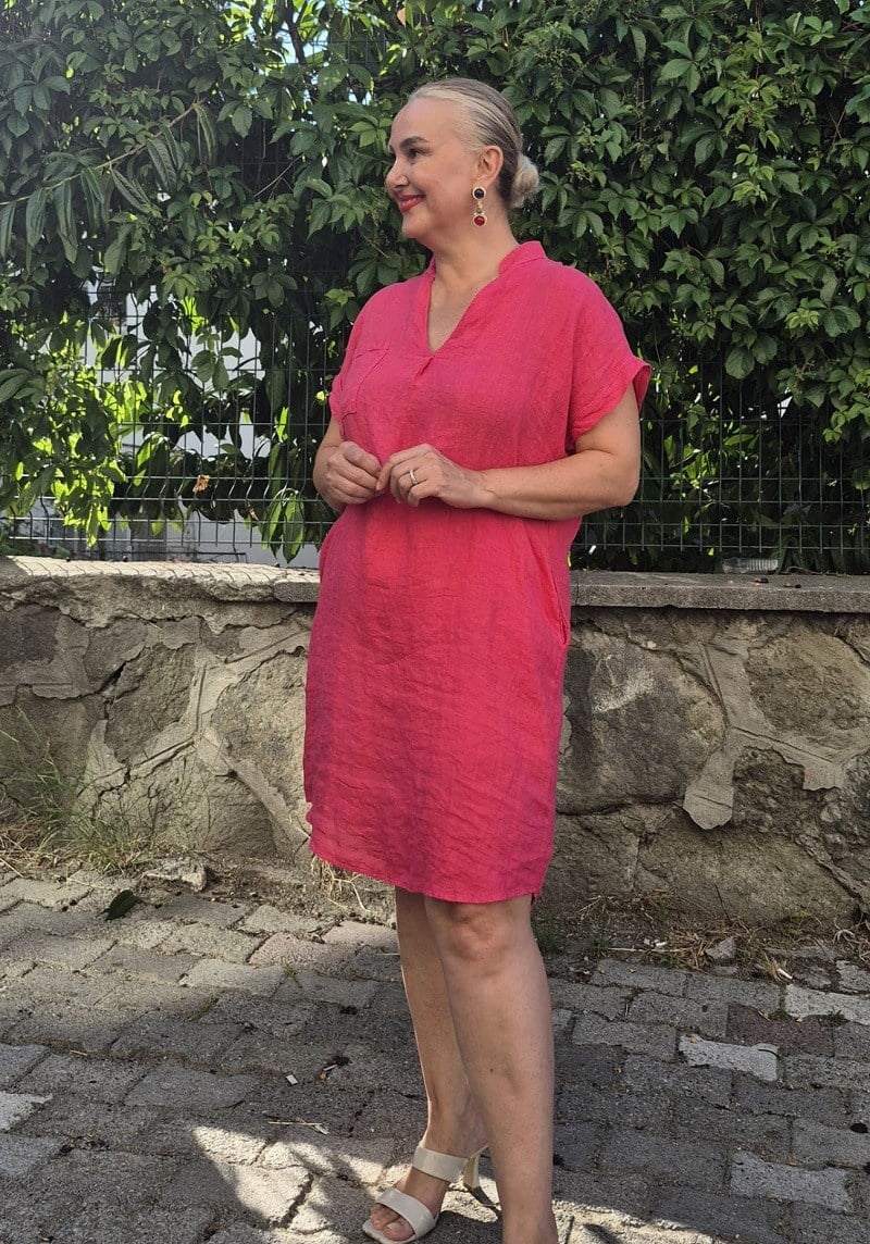 İtalyan Midi Boy Cepli Fuşya Keten Elbise