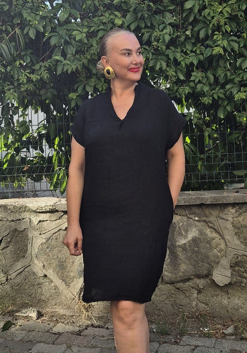 İtalyan Midi Boy Cepli Siyah Keten Elbise