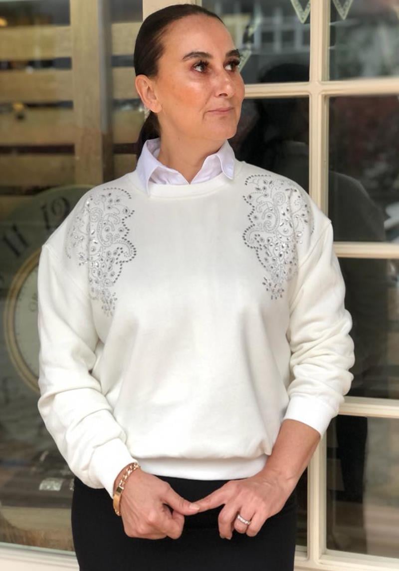 Taşlı İçi Şardonlu 3 İplik Beyaz Sweat