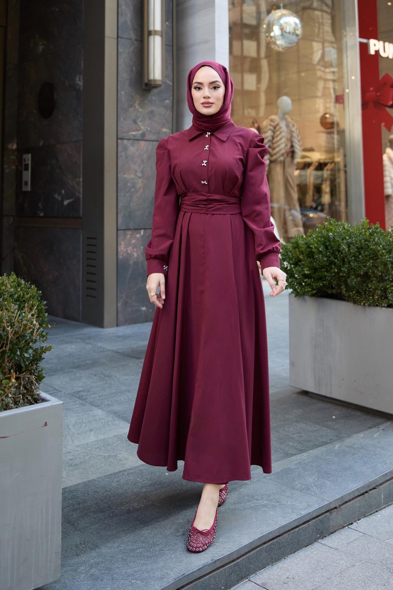 Balon Kol Poplin Elbise - Bordo