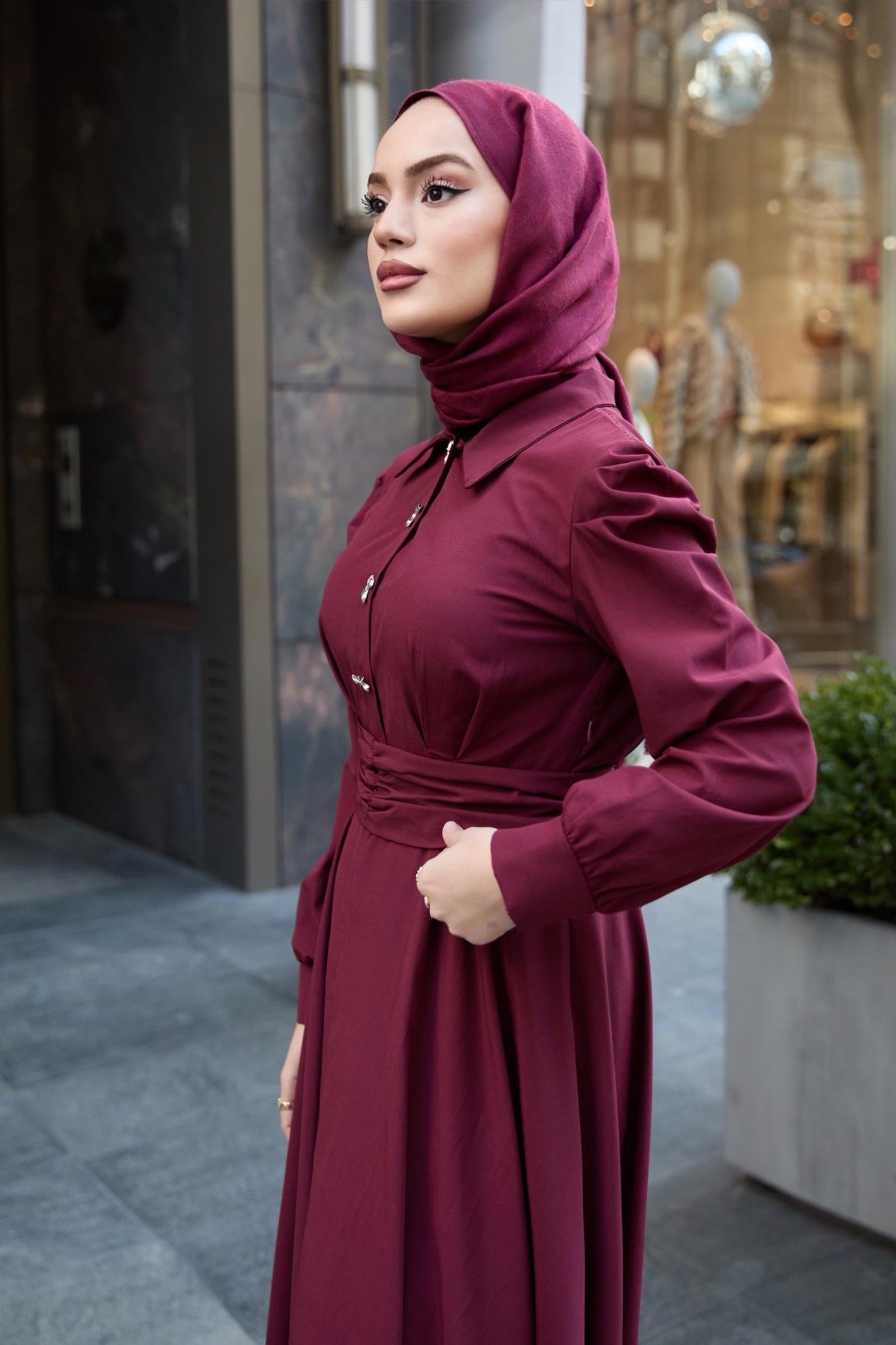 Balon Kol Poplin Elbise - Bordo Balon Kol Poplin Elbise - Bordo