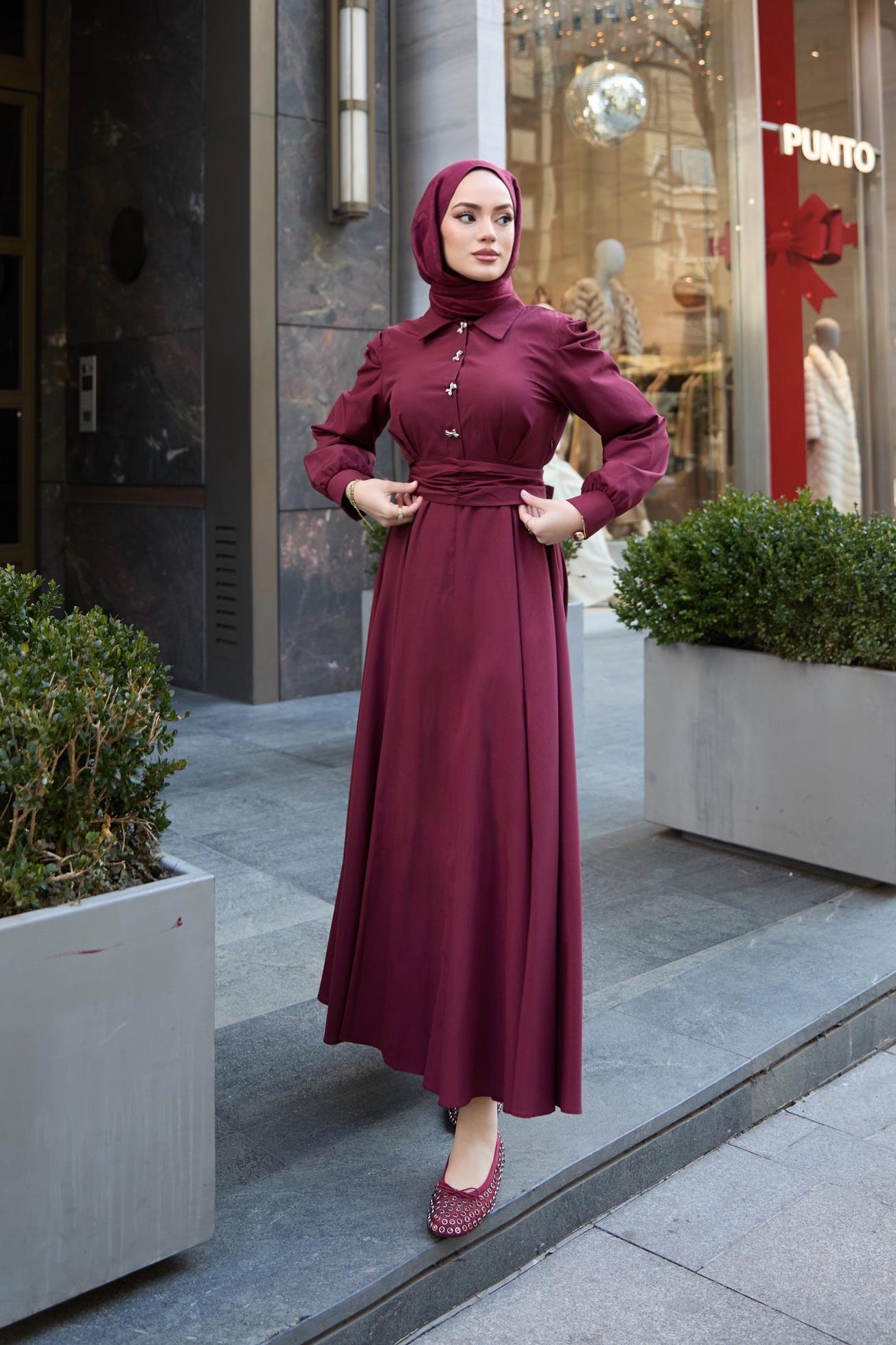 Balon Kol Poplin Elbise - Bordo