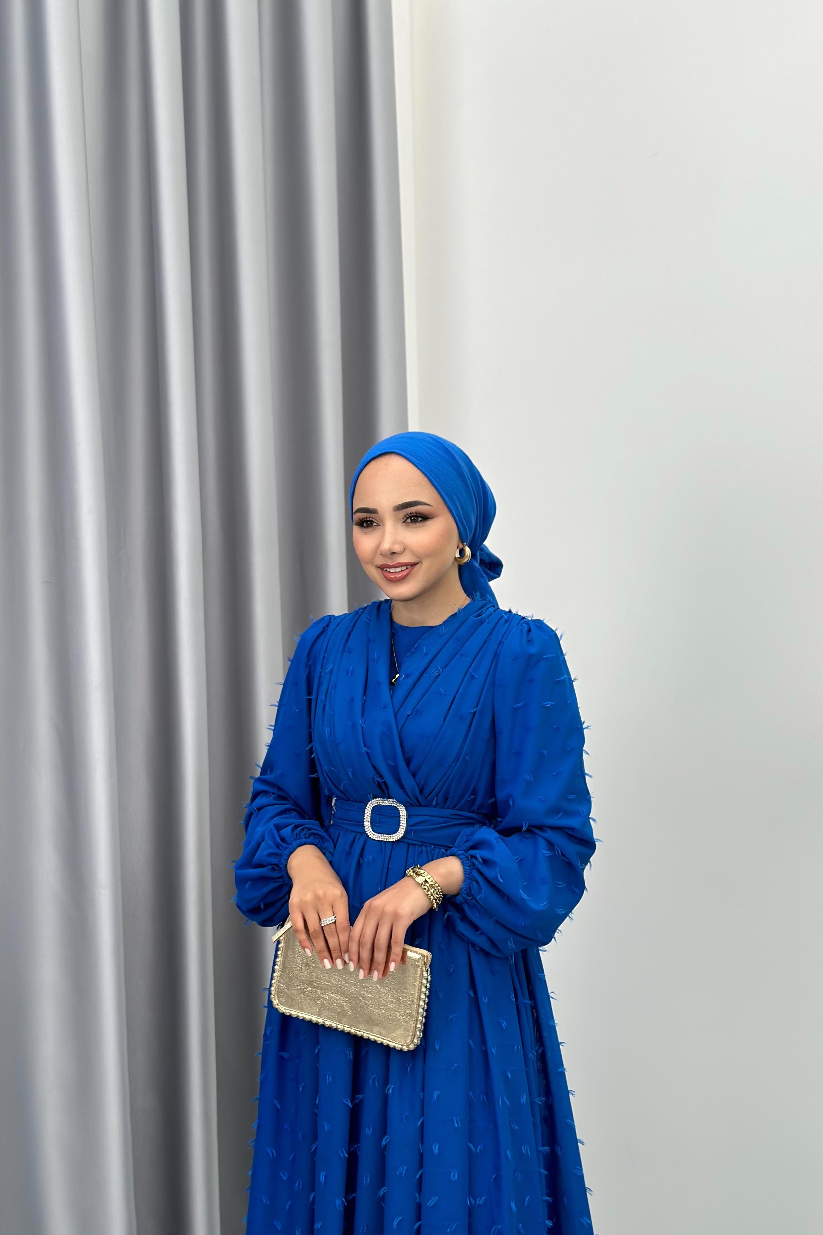 KEMERLİ ŞİFON ELBİSE - SAKS KEMERLİ ŞİFON ELBİSE - SAKS