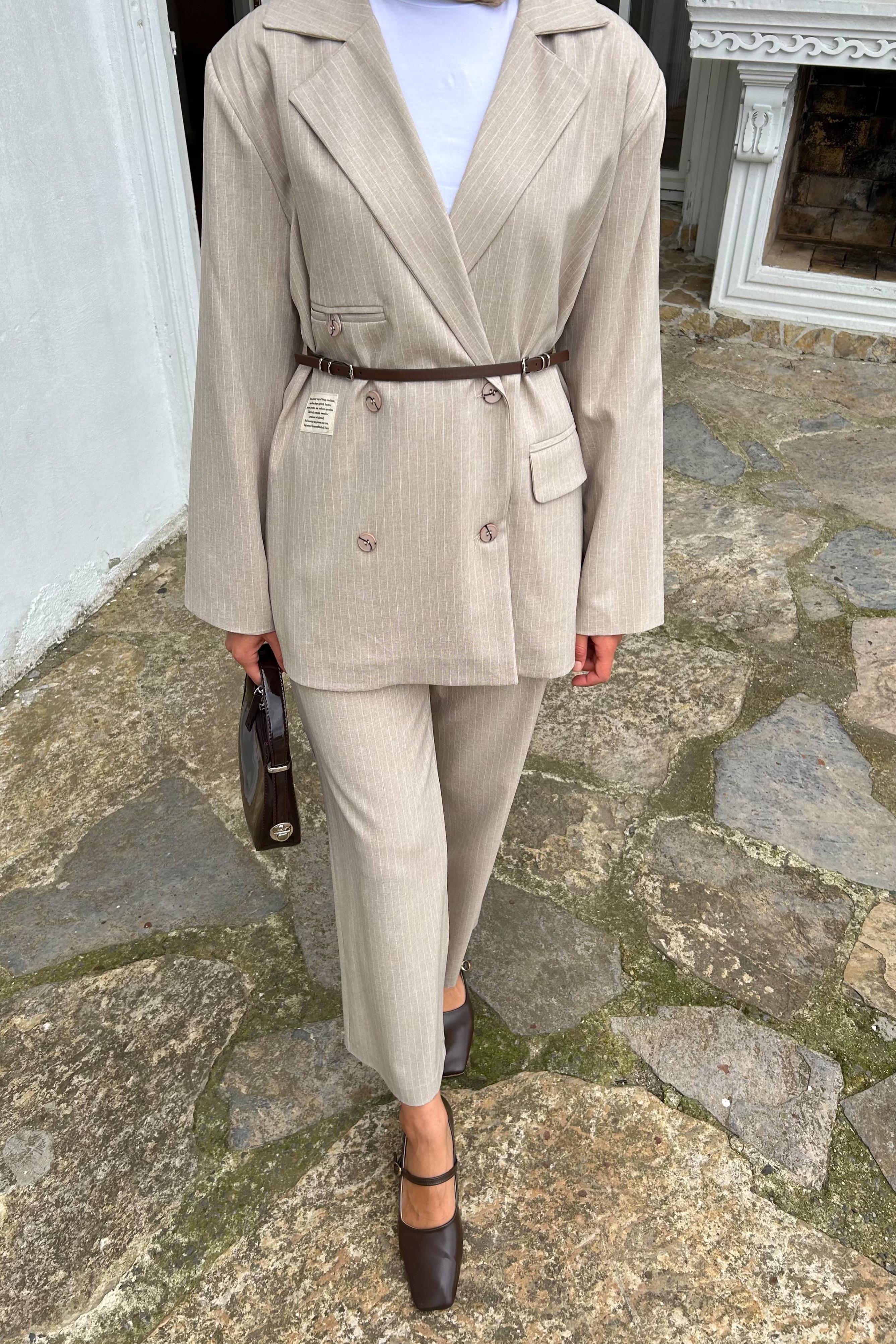 Çizgili Blazer İkili Takım - VİZON Çizgili Blazer İkili Takım - VİZON