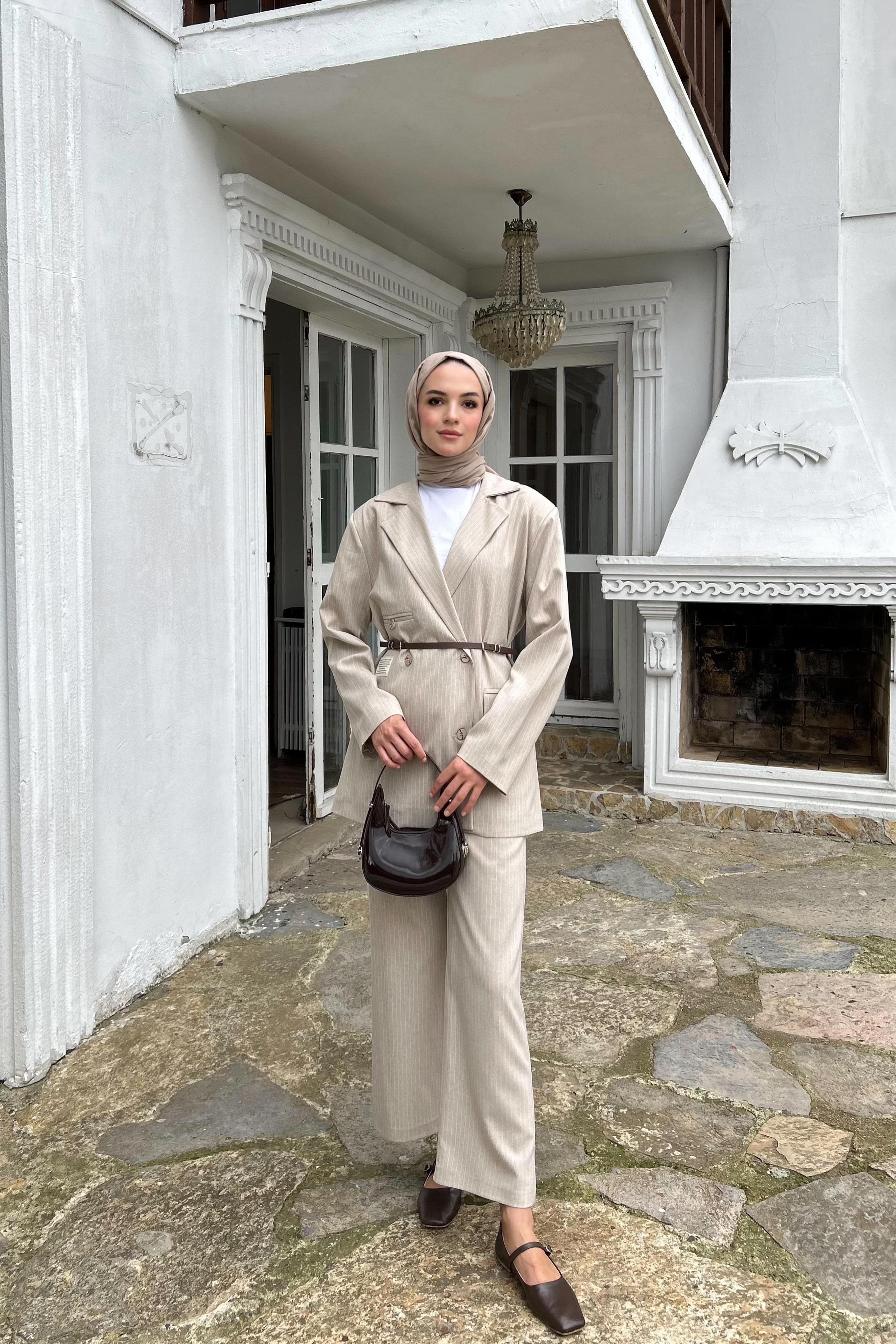 Çizgili Blazer İkili Takım - VİZON Çizgili Blazer İkili Takım - VİZON