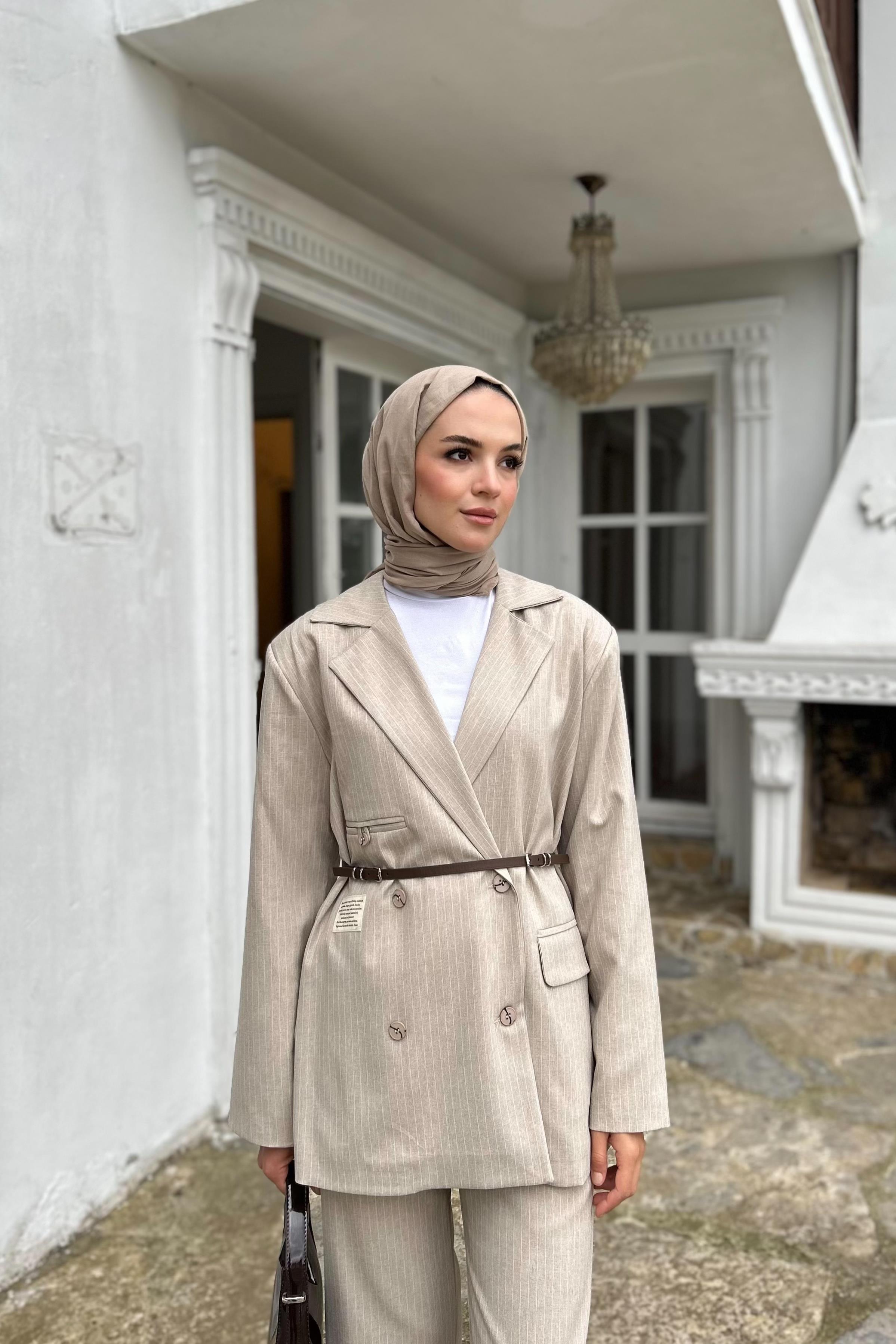 Çizgili Blazer İkili Takım - VİZON Çizgili Blazer İkili Takım - VİZON