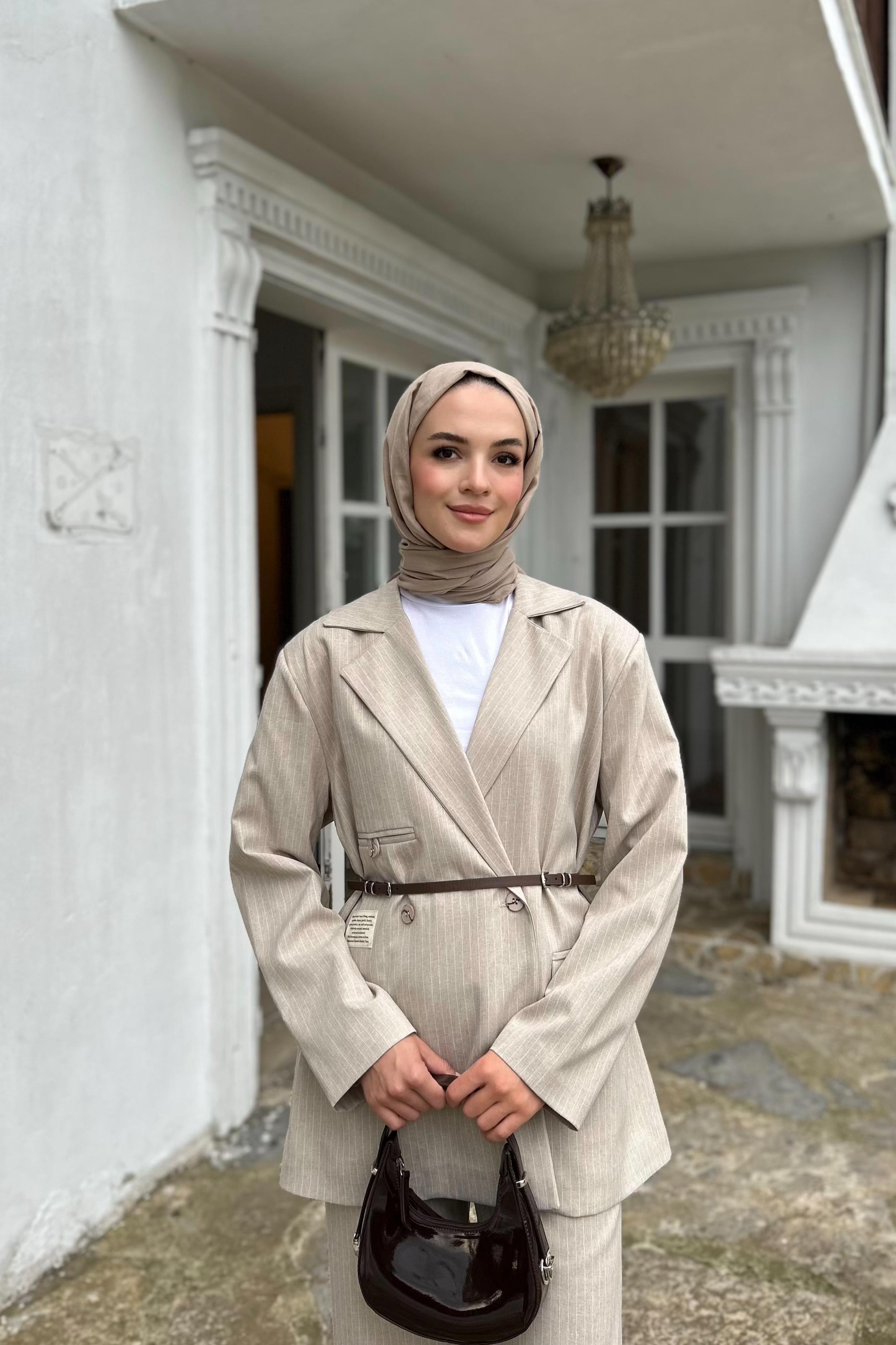 Çizgili Blazer İkili Takım - VİZON Çizgili Blazer İkili Takım - VİZON
