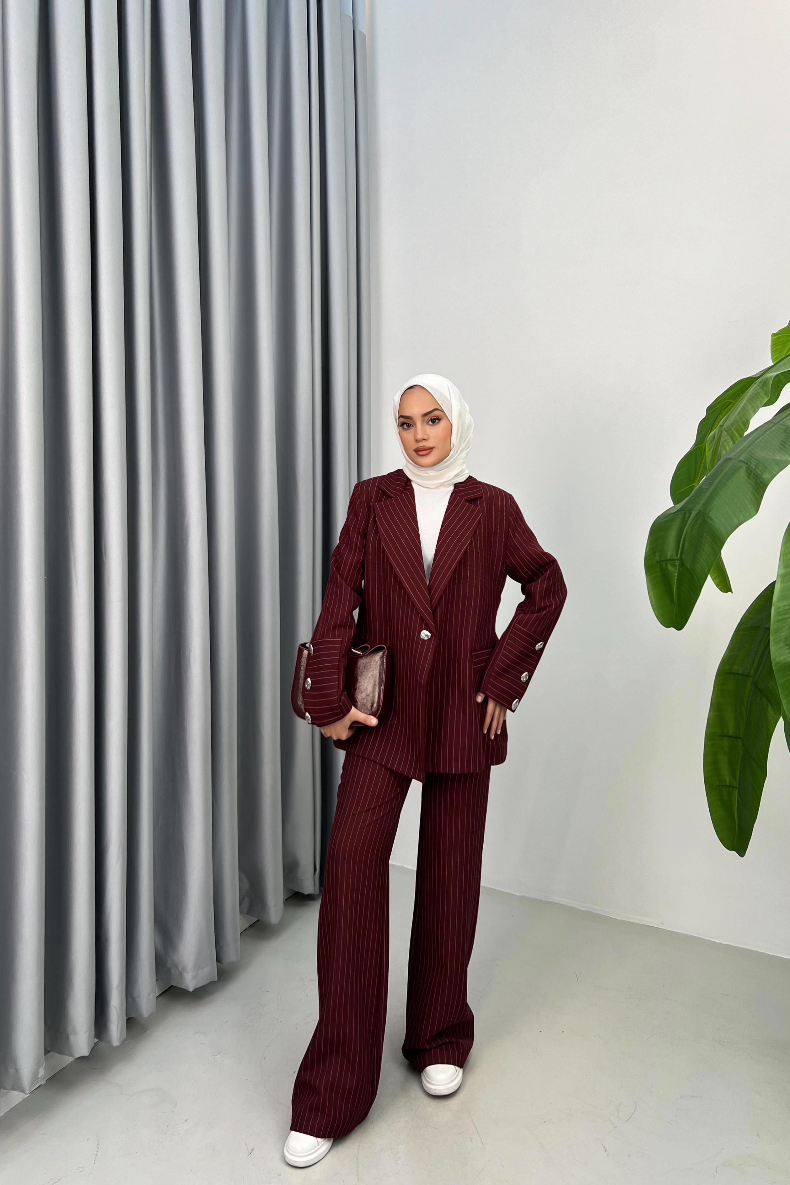 Çizgili Blazer Takım - BORDO