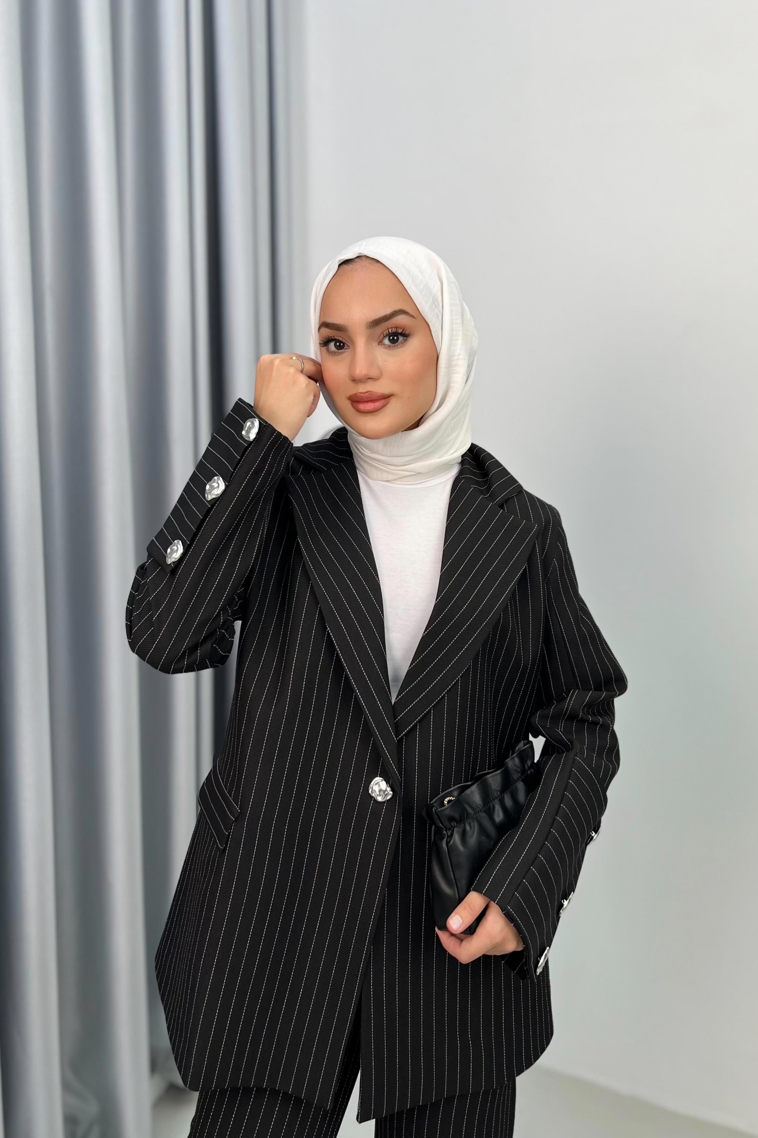 Çizgili Blazer Takım - SİYAH Çizgili Blazer Takım - SİYAH