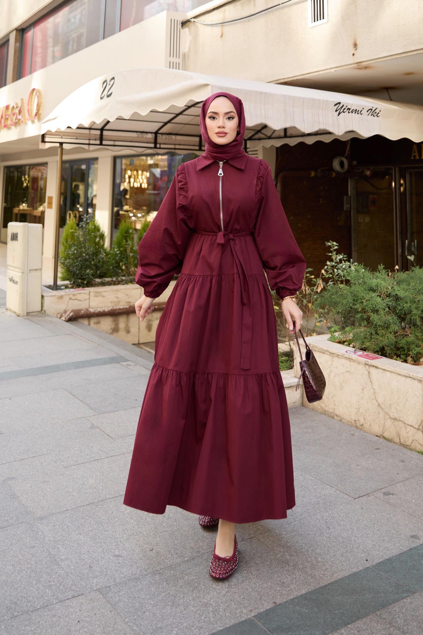 Fermuarlı Balon Kol Elbise - Bordo Fermuarlı Balon Kol Elbise - Bordo
