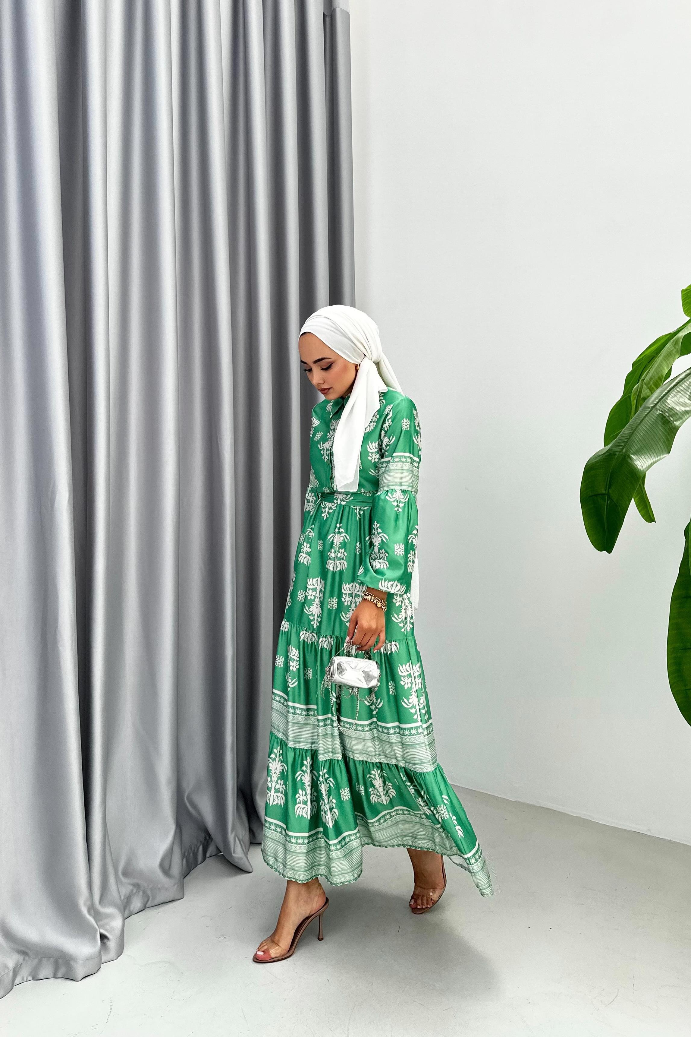 DESENLİ SATEN ELBİSE - BENETTON YEŞİLİ DESENLİ SATEN ELBİSE - BENETTON YEŞİLİ