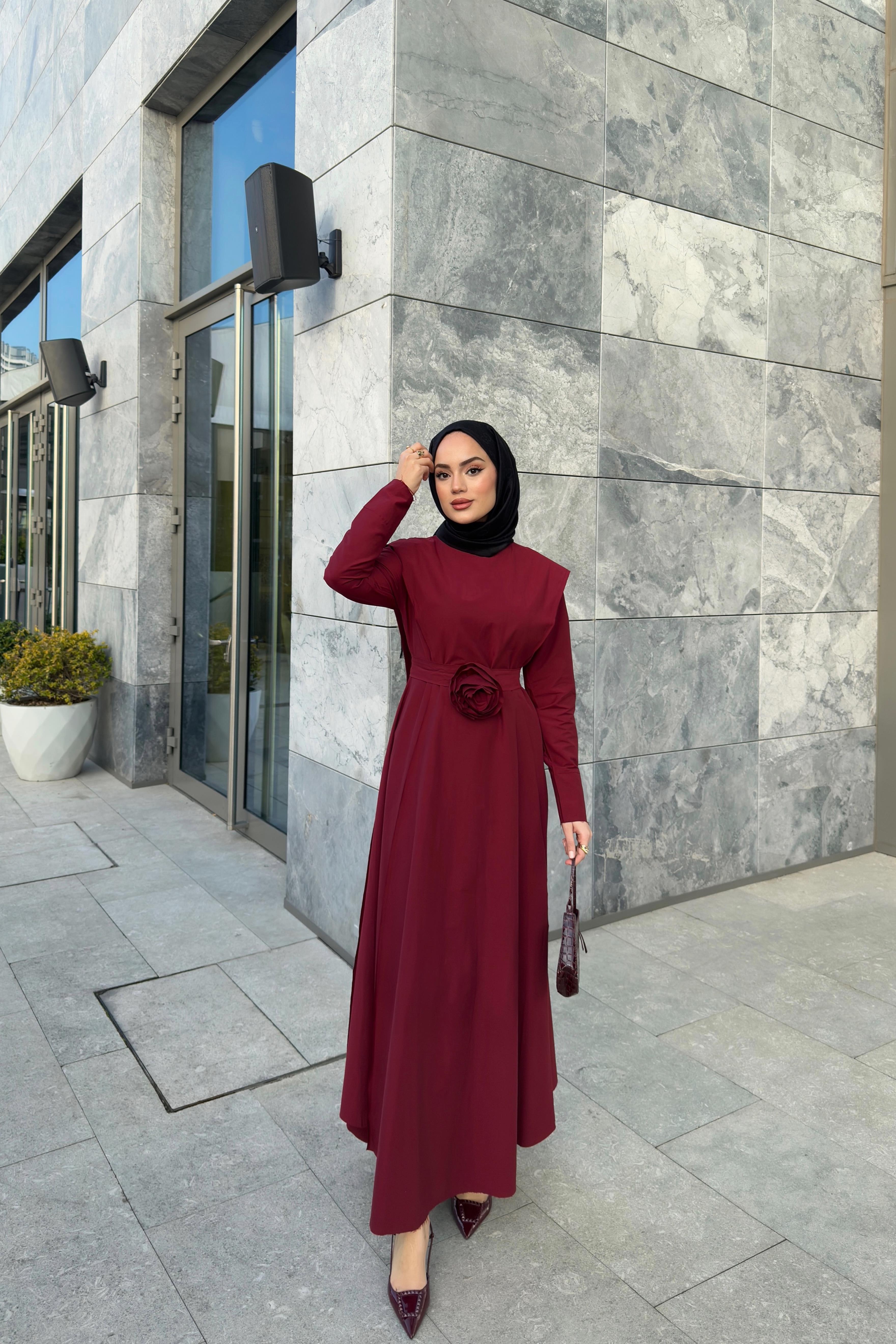 Gül Aksesuarlı Poplin Elbise - Bordo Gül Aksesuarlı Poplin Elbise - Bordo
