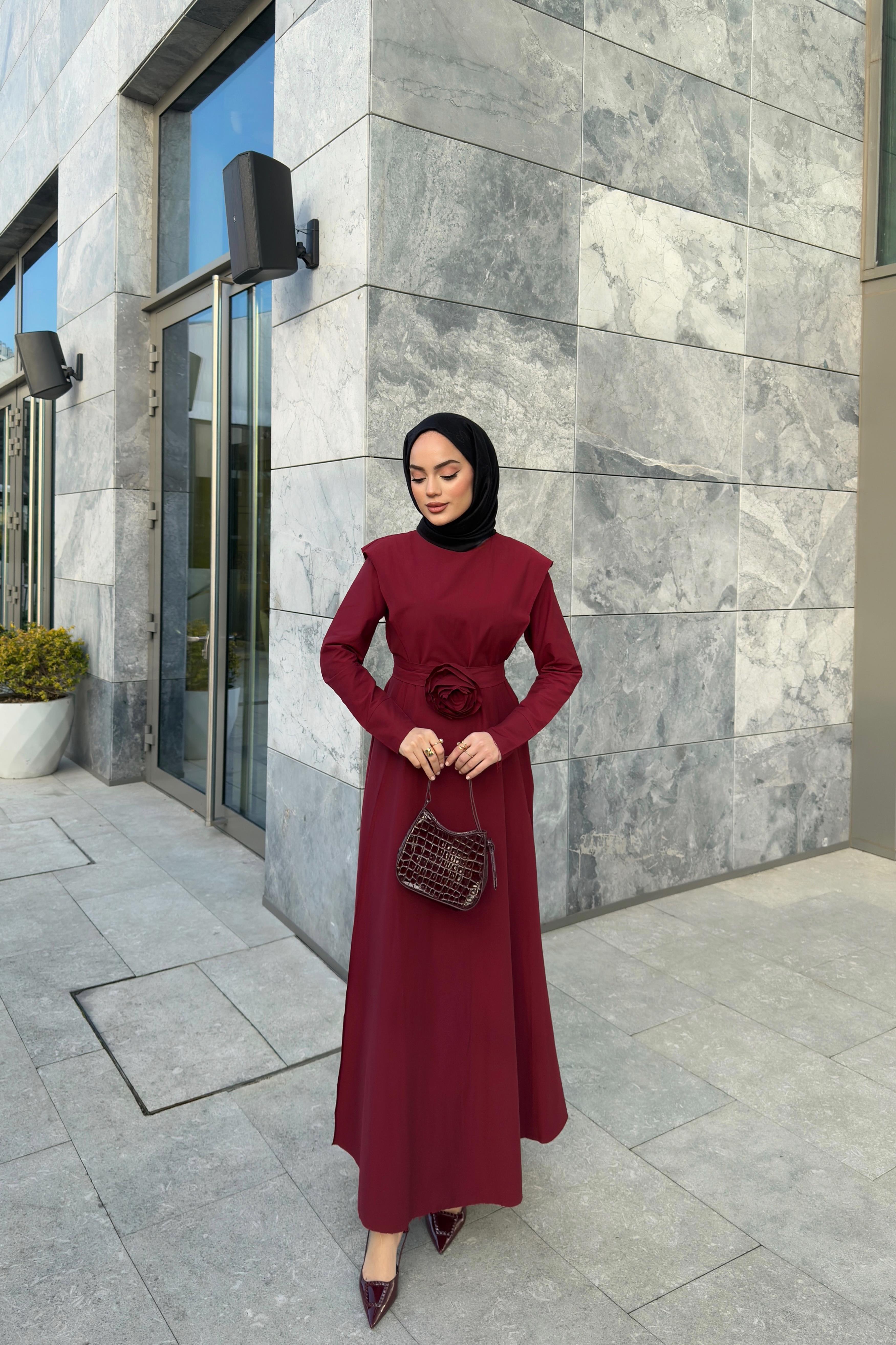 Gül Aksesuarlı Poplin Elbise - Bordo Gül Aksesuarlı Poplin Elbise - Bordo