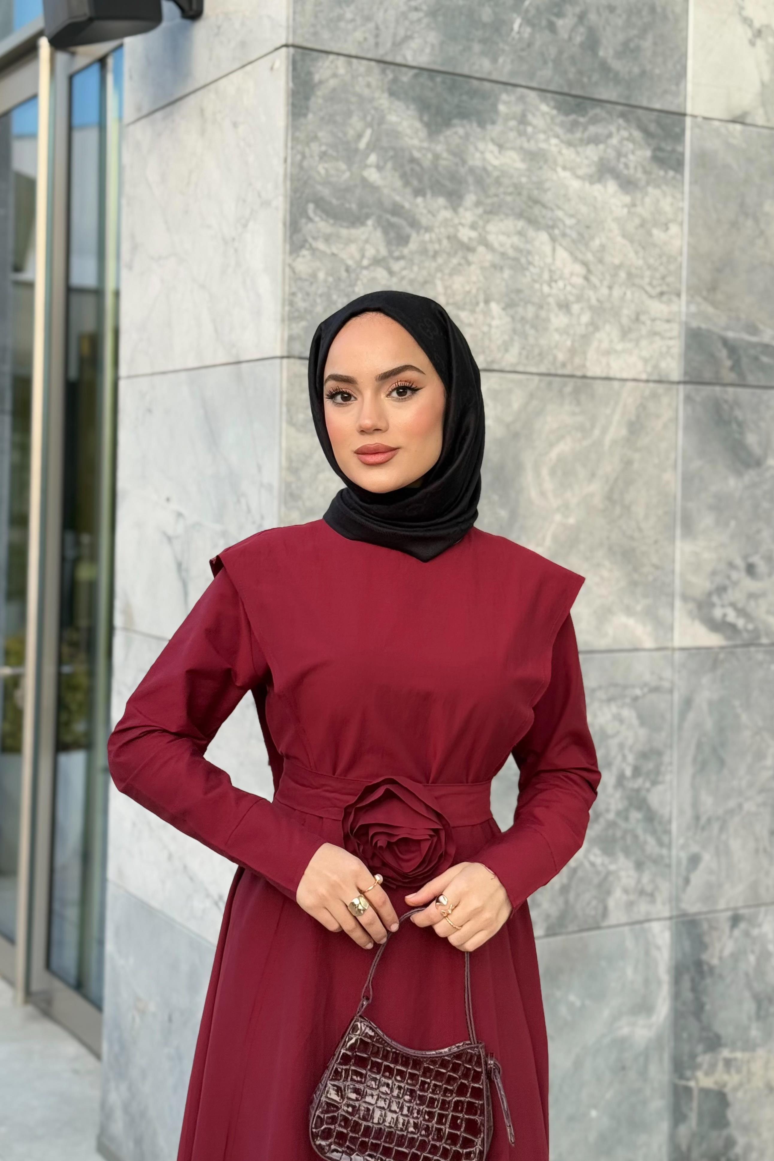 Gül Aksesuarlı Poplin Elbise - Bordo Gül Aksesuarlı Poplin Elbise - Bordo