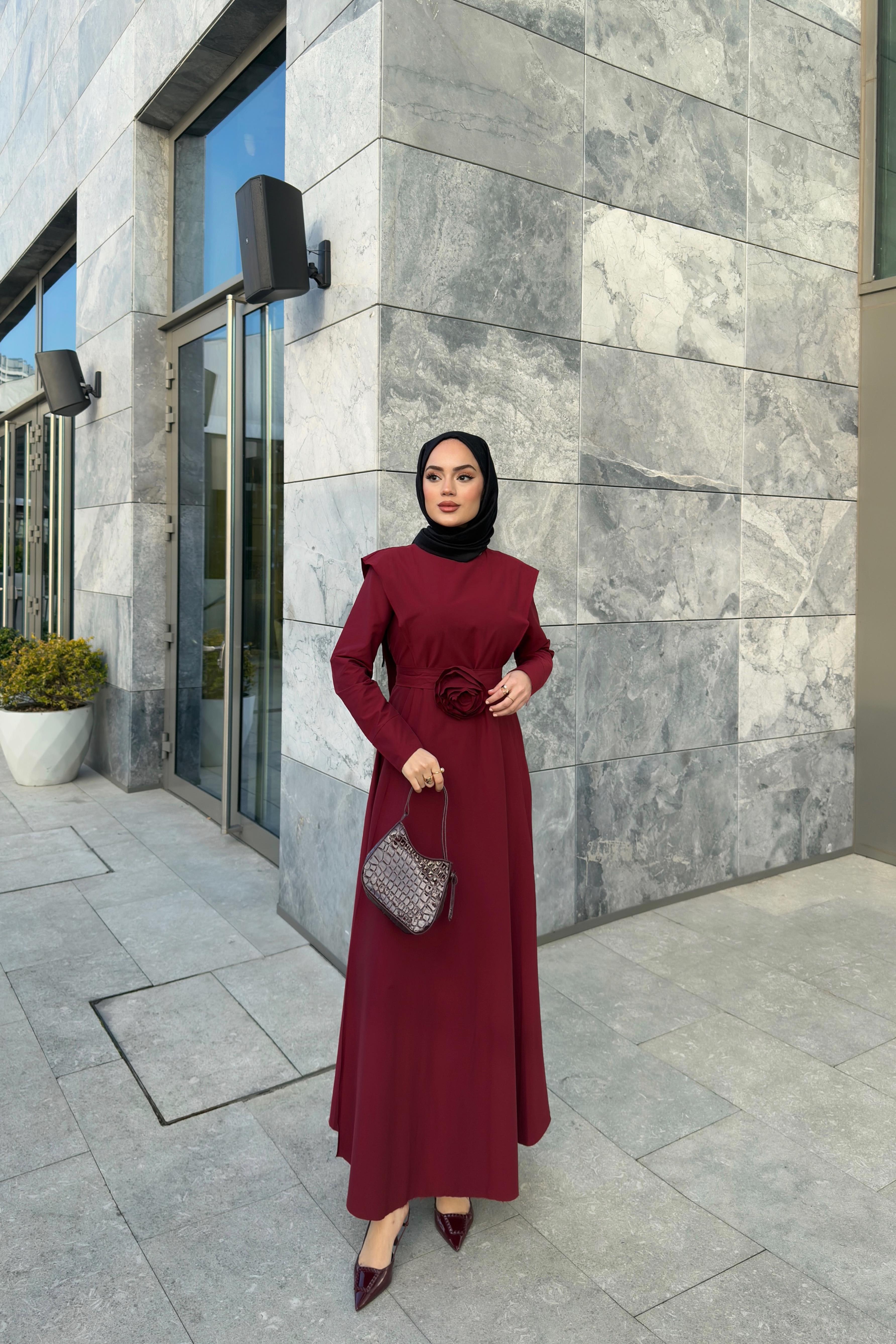 Gül Aksesuarlı Poplin Elbise - Bordo Gül Aksesuarlı Poplin Elbise - Bordo