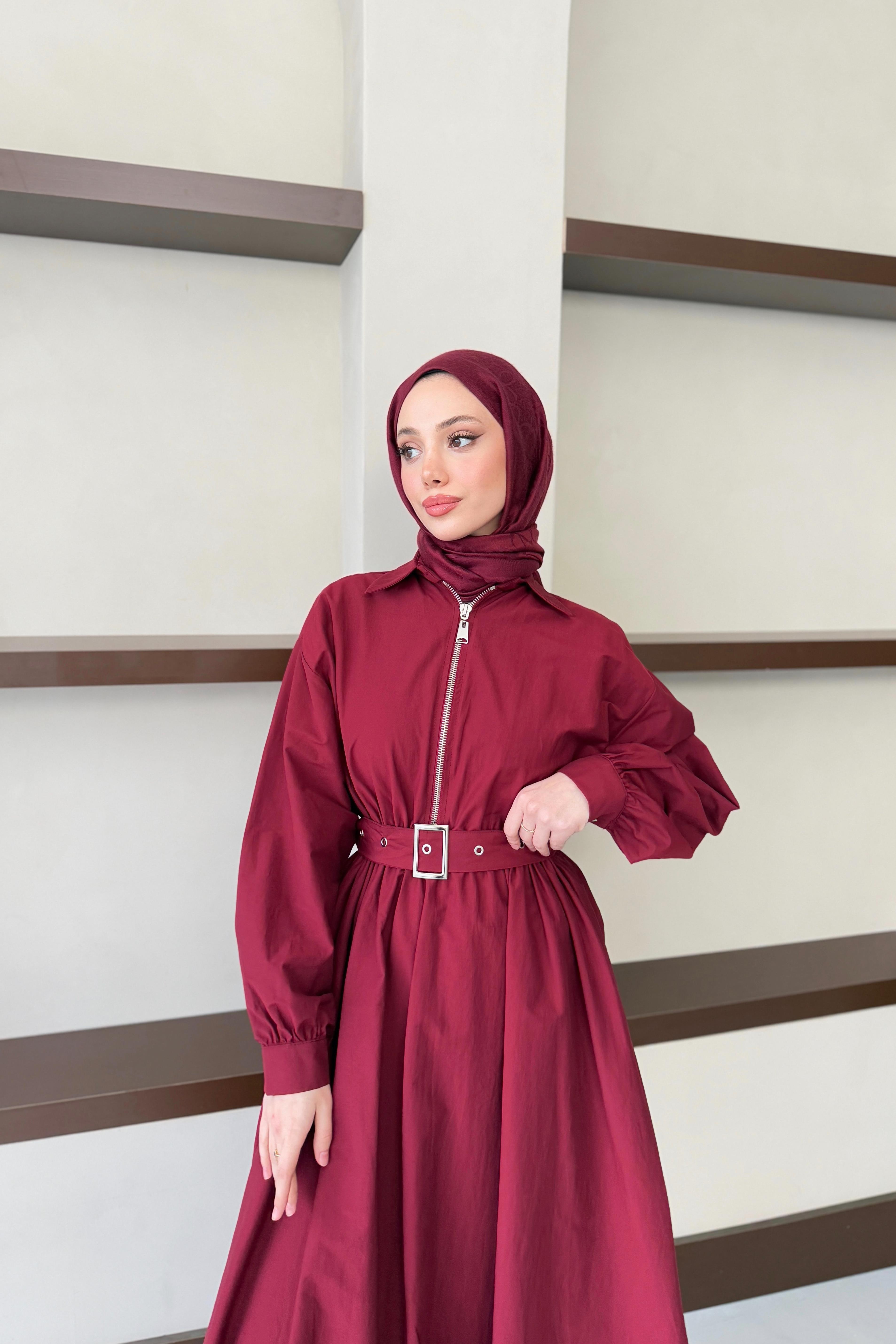 Kemerli Balon Kol Elbise - Bordo Kemerli Balon Kol Elbise - Bordo