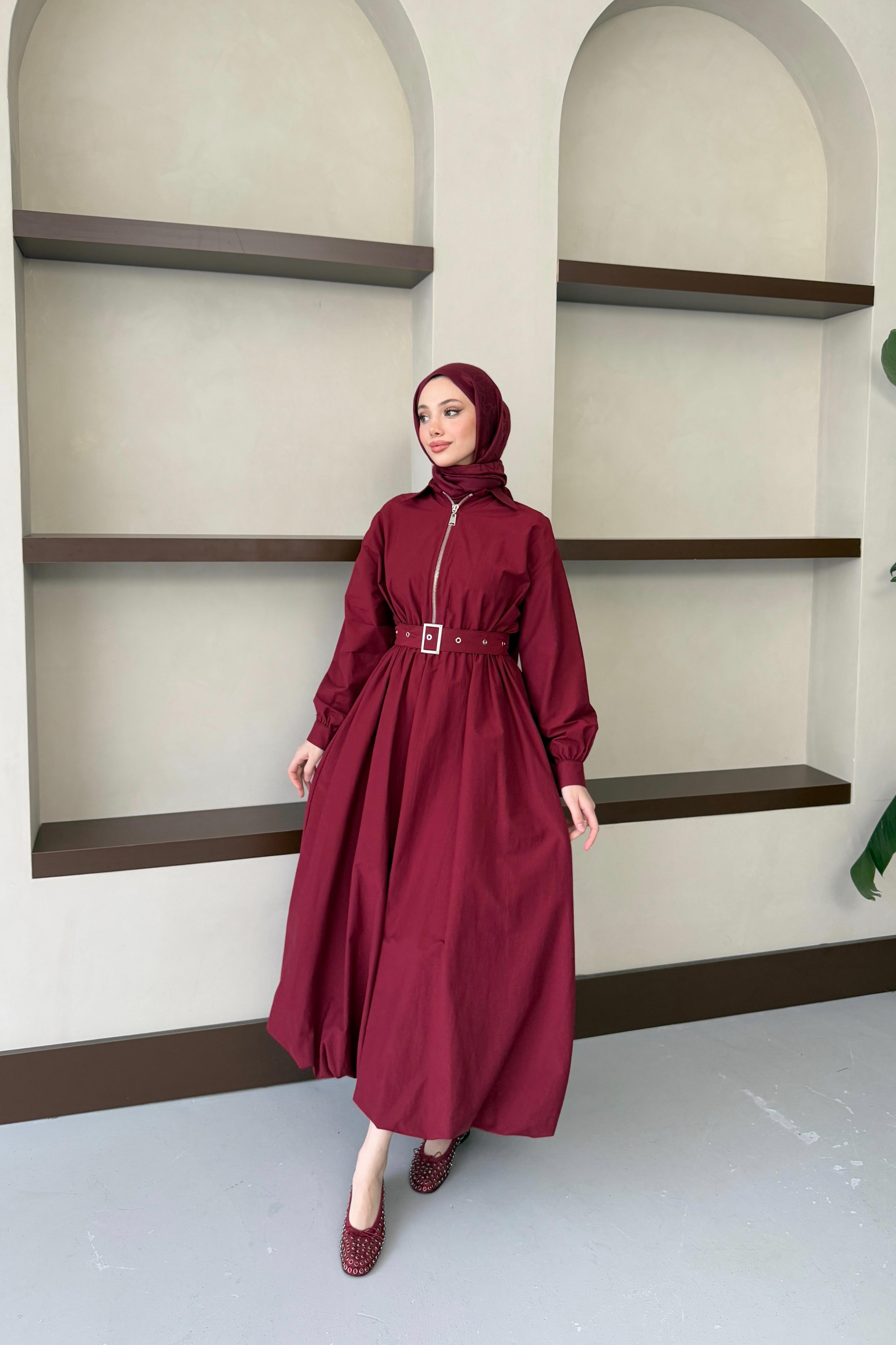 Kemerli Balon Kol Elbise - Bordo Kemerli Balon Kol Elbise - Bordo
