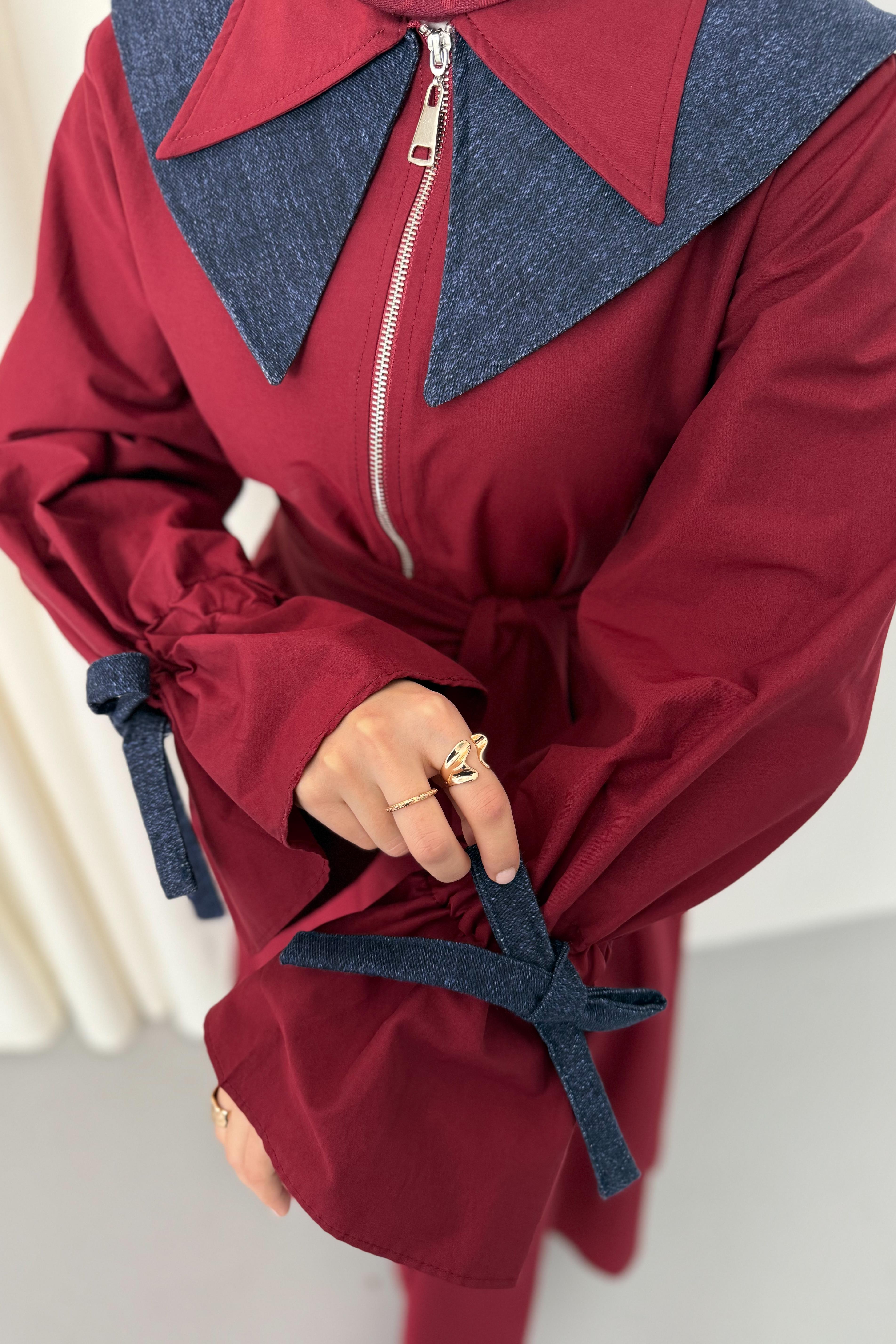 Kot Yakalı Poplin Elbise - Bordo Kot Yakalı Poplin Elbise - Bordo