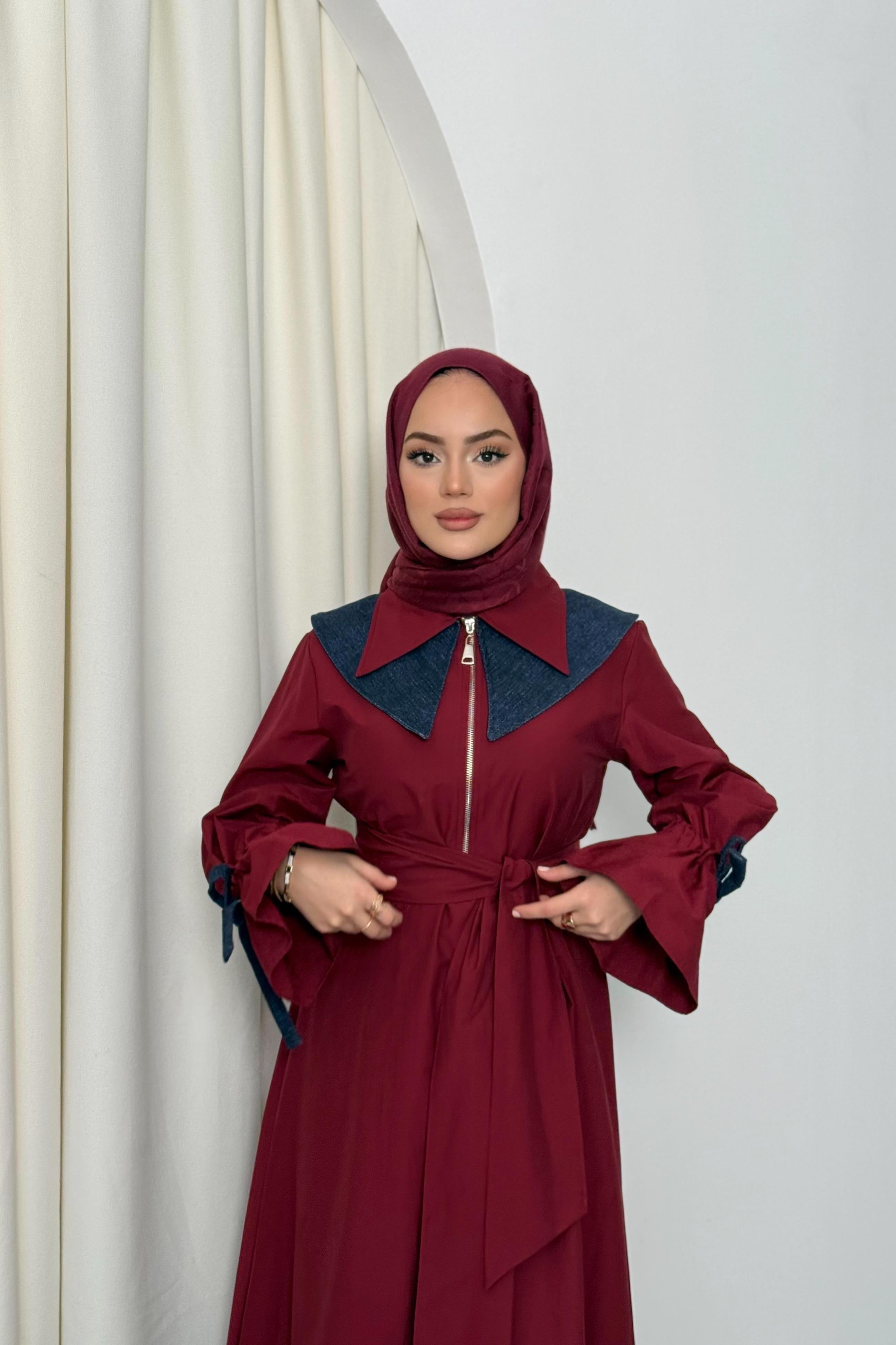 Kot Yakalı Poplin Elbise - Bordo Kot Yakalı Poplin Elbise - Bordo