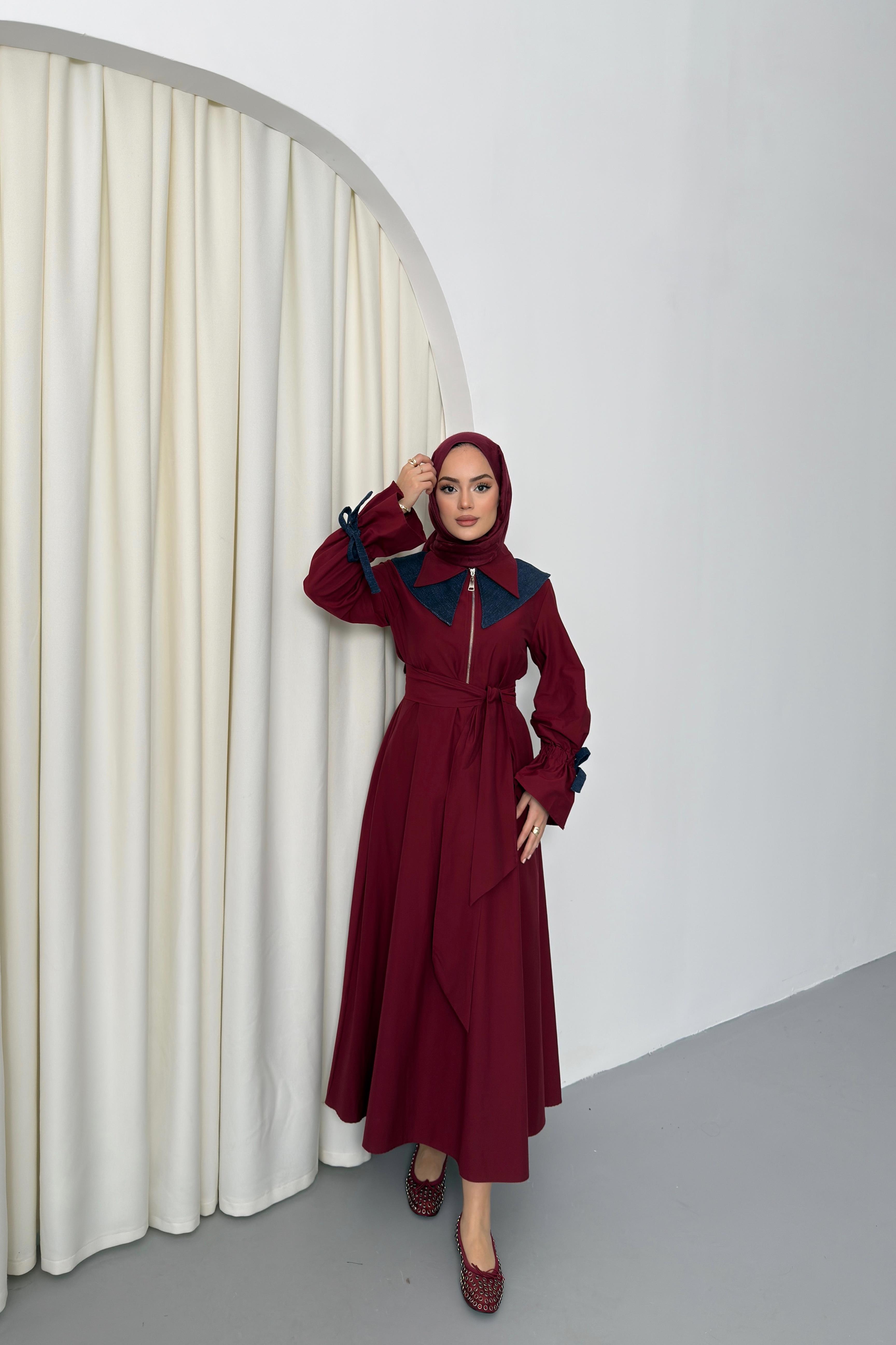 Kot Yakalı Poplin Elbise - Bordo Kot Yakalı Poplin Elbise - Bordo