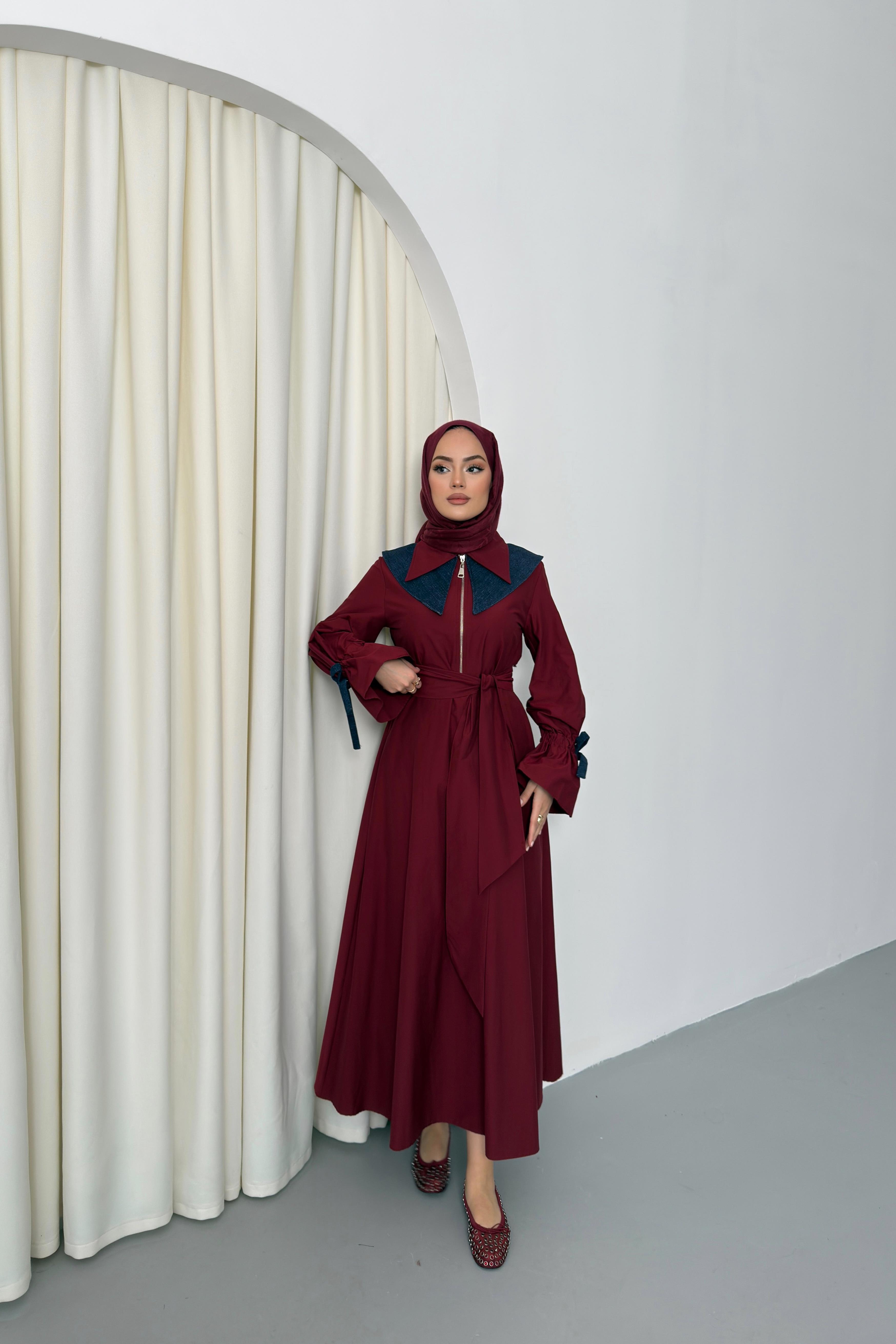 Kot Yakalı Poplin Elbise - Bordo Kot Yakalı Poplin Elbise - Bordo