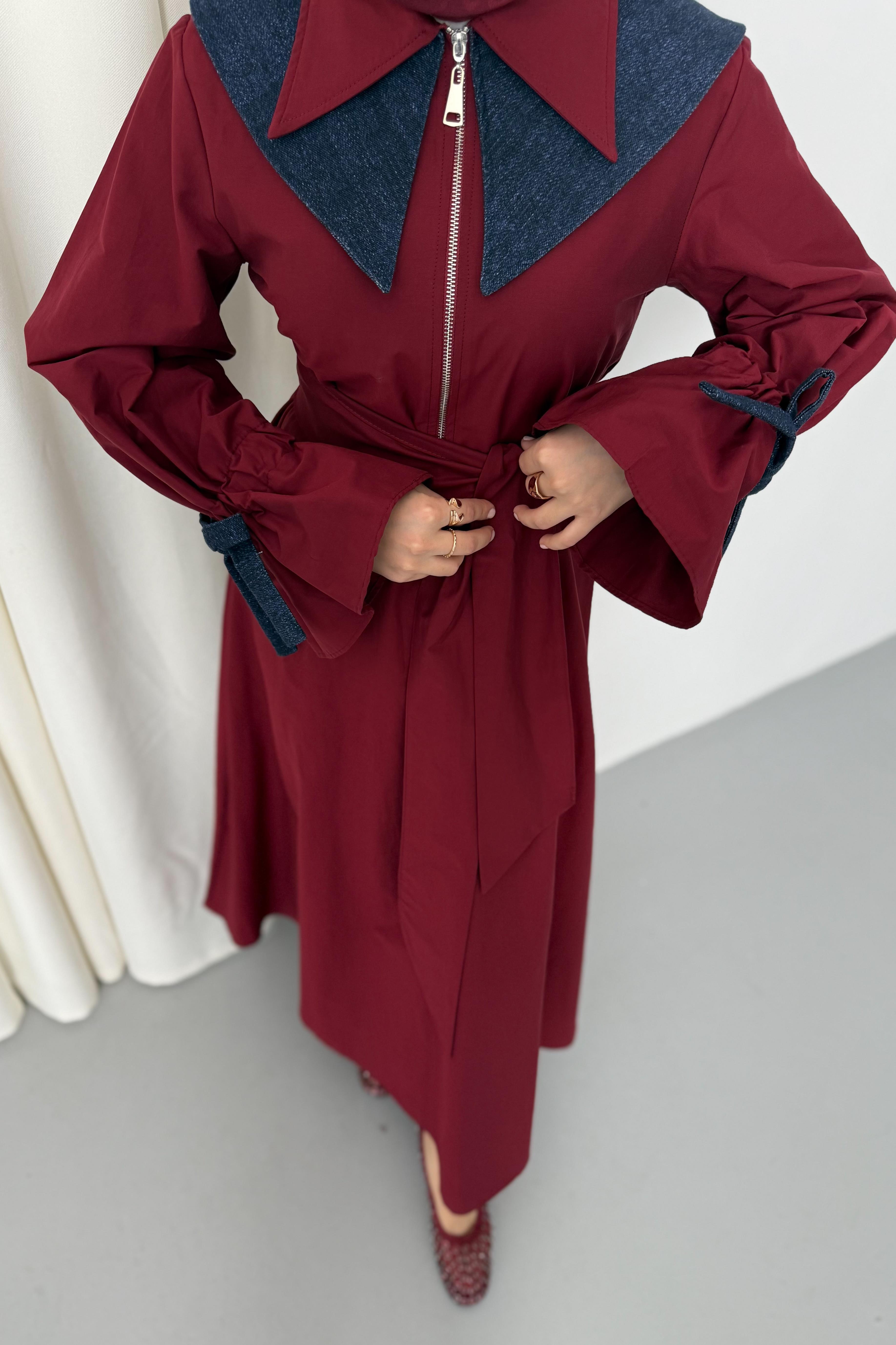 Kot Yakalı Poplin Elbise - Bordo Kot Yakalı Poplin Elbise - Bordo