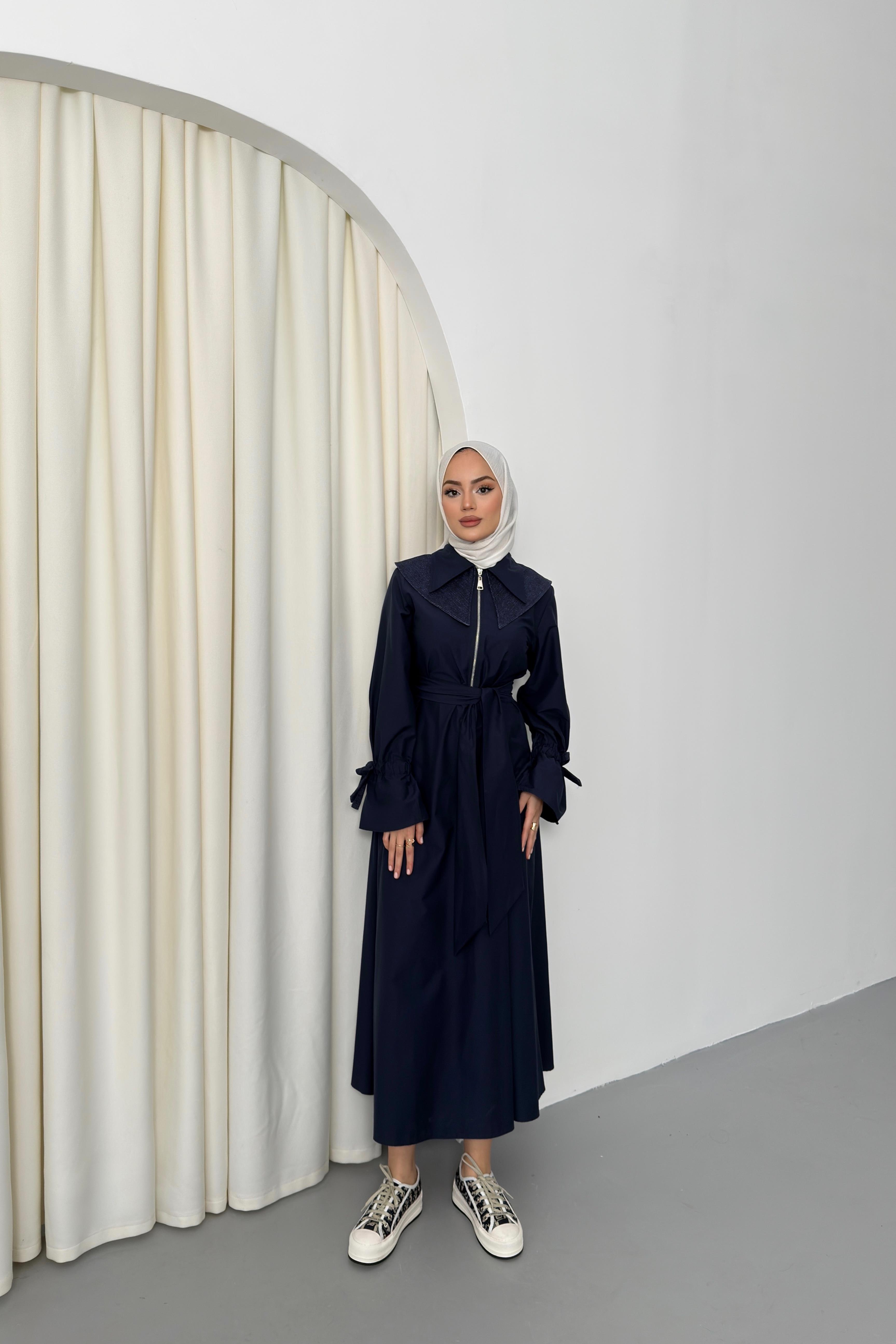 Kot Yakalı Poplin Elbise - Lacivert Kot Yakalı Poplin Elbise - Lacivert