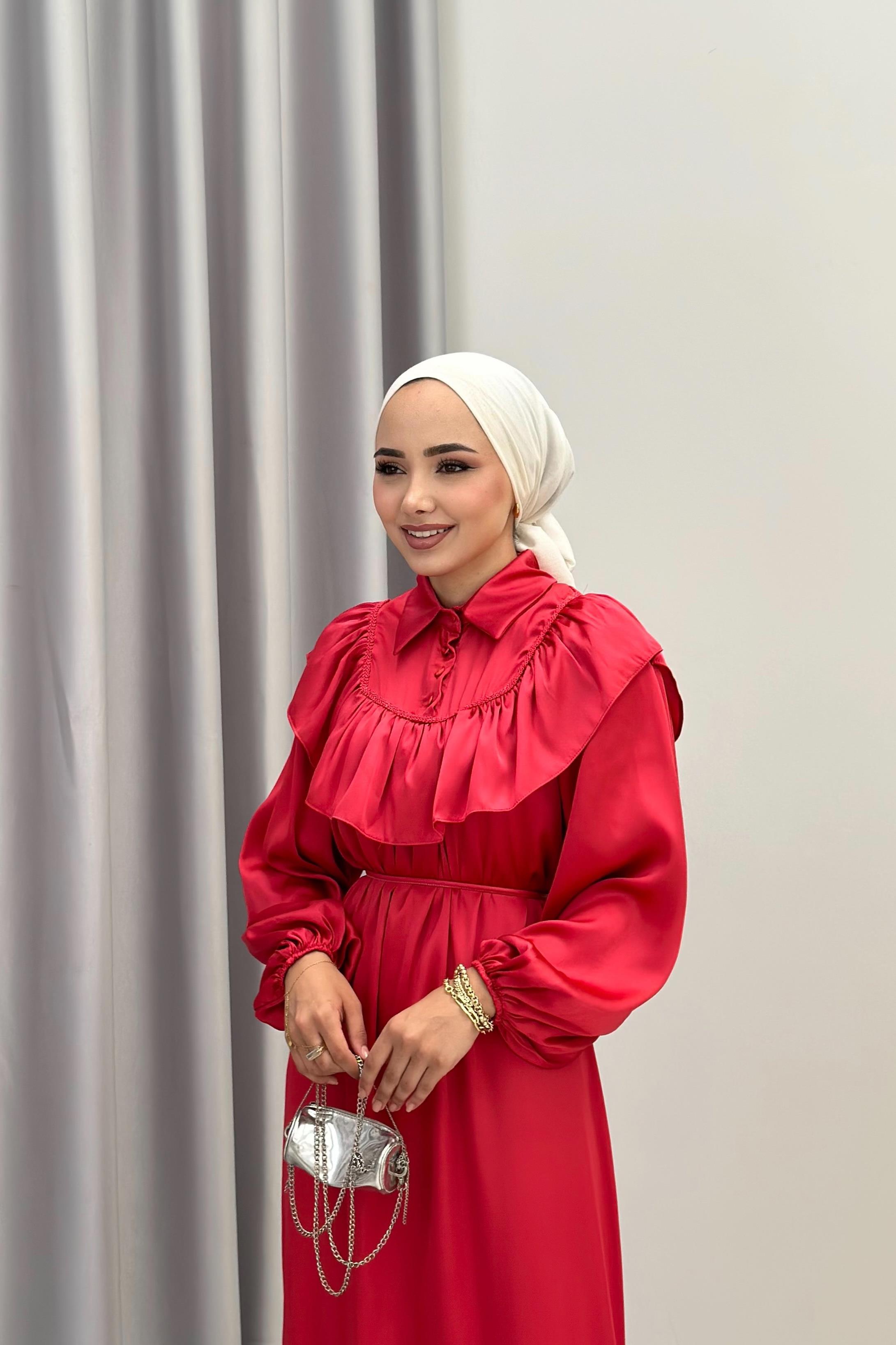İP KEMERLİ SATEN ELBİSE - KIRMIZI İP KEMERLİ SATEN ELBİSE - KIRMIZI