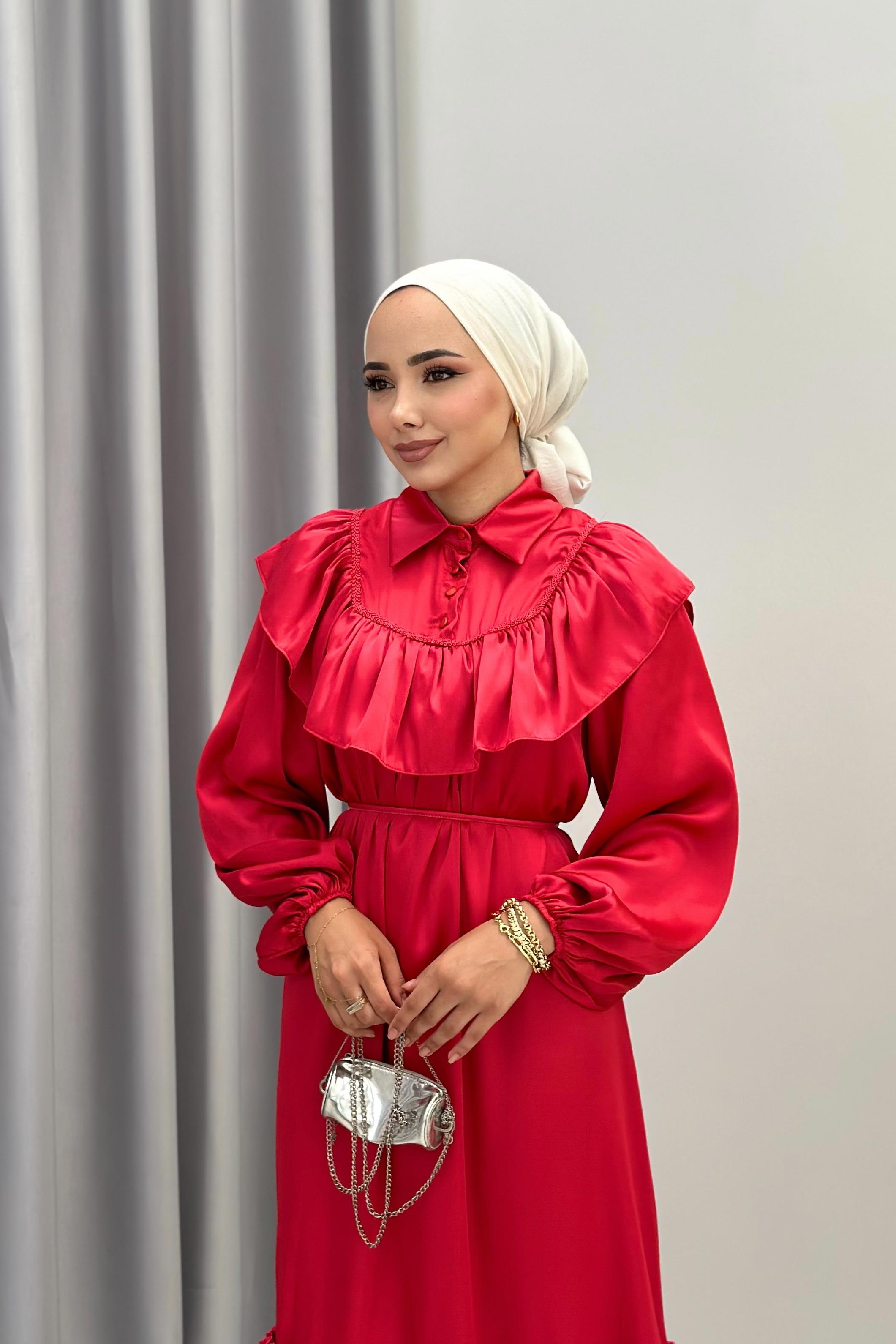 İP KEMERLİ SATEN ELBİSE - KIRMIZI İP KEMERLİ SATEN ELBİSE - KIRMIZI