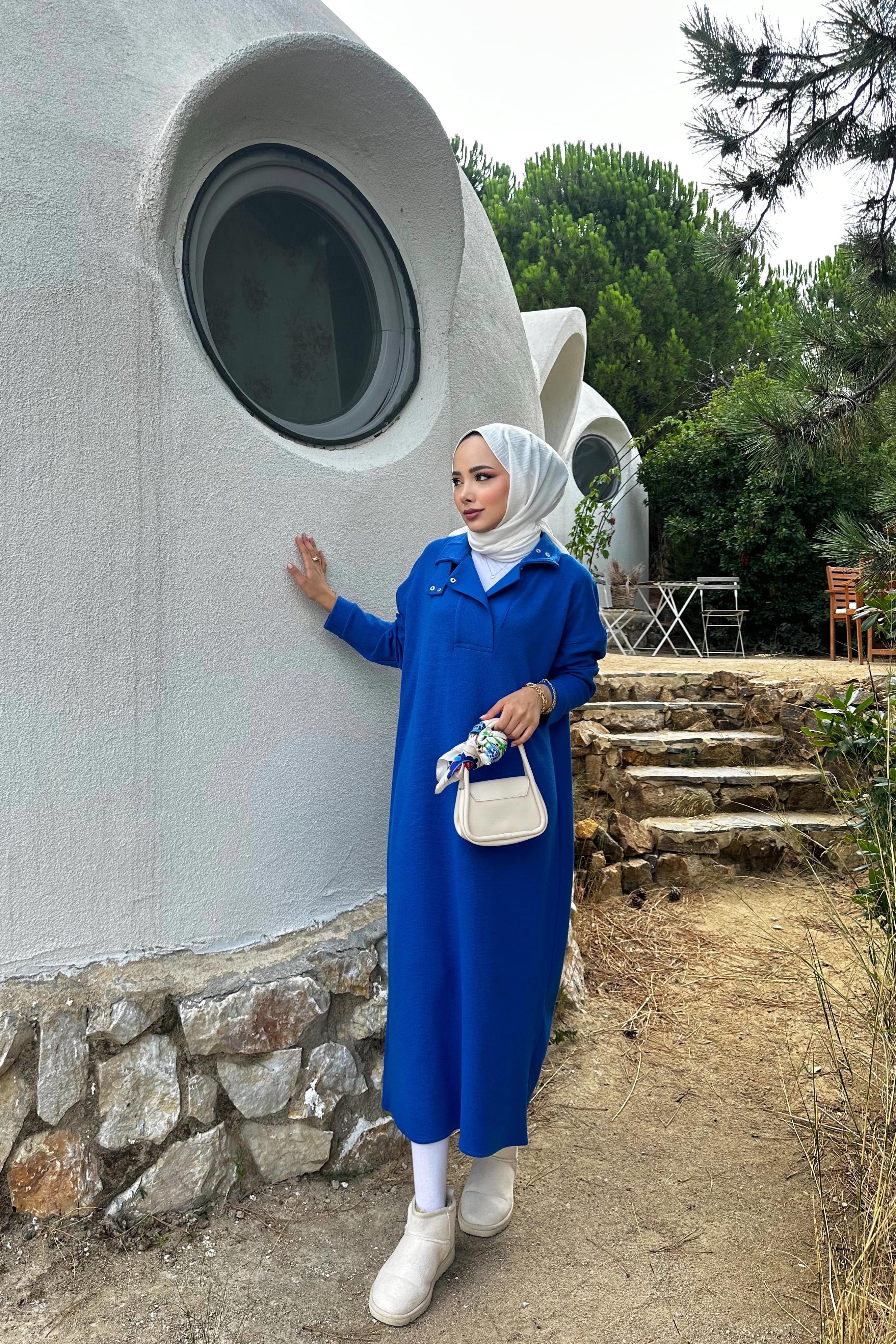 Kemerli Örme Elbise - Saks Kemerli Örme Elbise - Saks