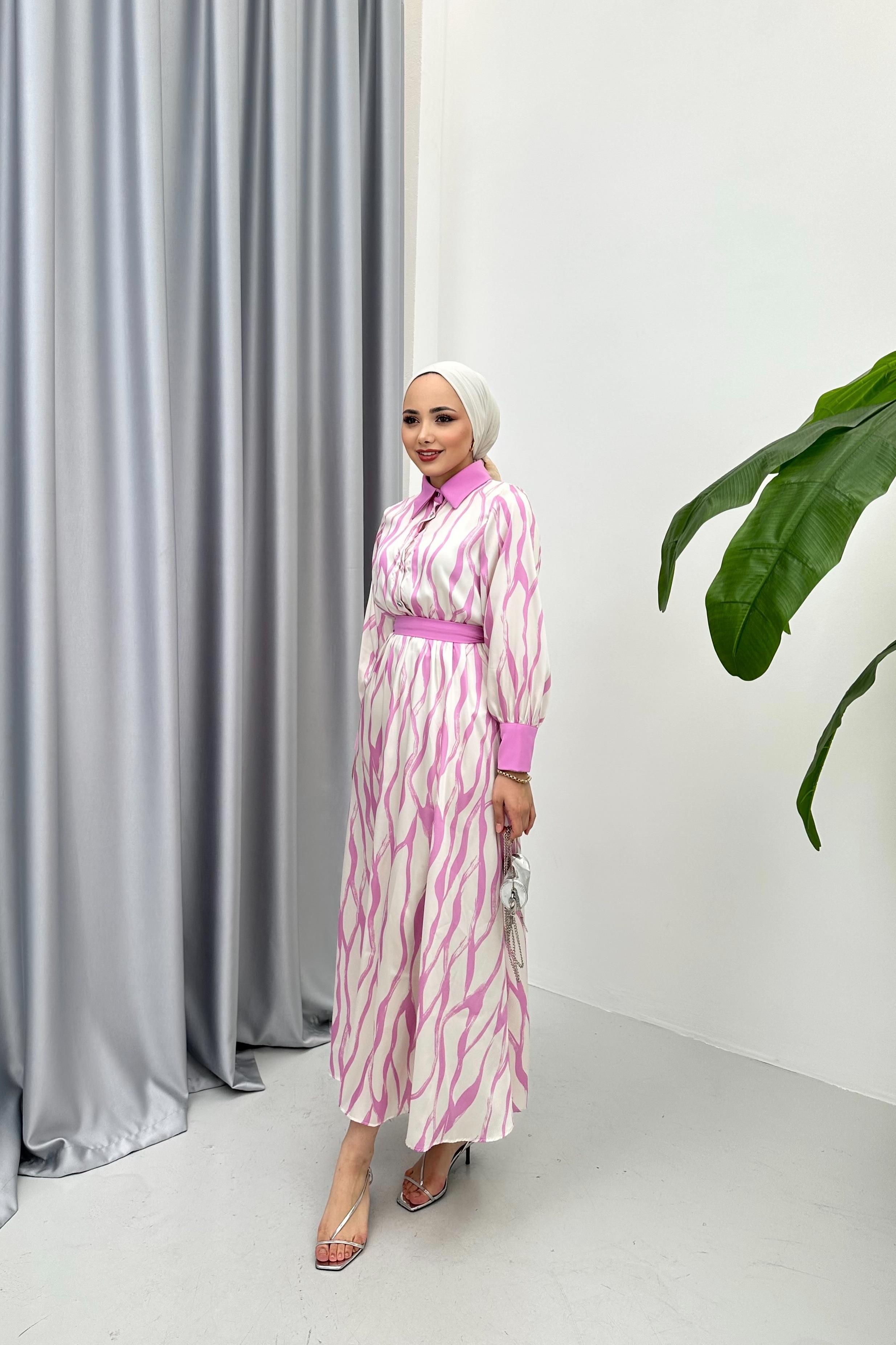 DESENLİ SATEN ELBİSE - PEMBE DESENLİ SATEN ELBİSE - PEMBE