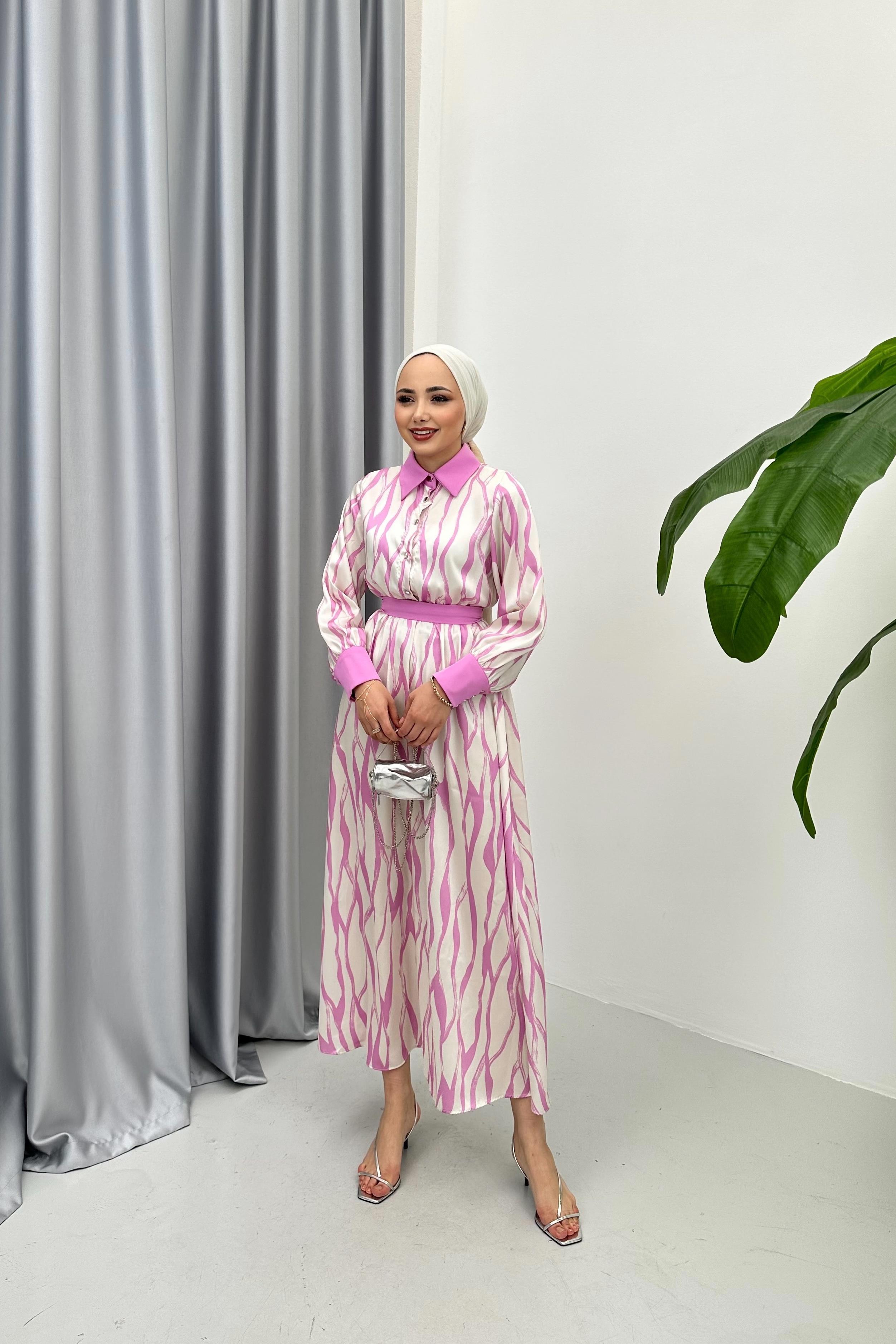 DESENLİ SATEN ELBİSE - PEMBE DESENLİ SATEN ELBİSE - PEMBE