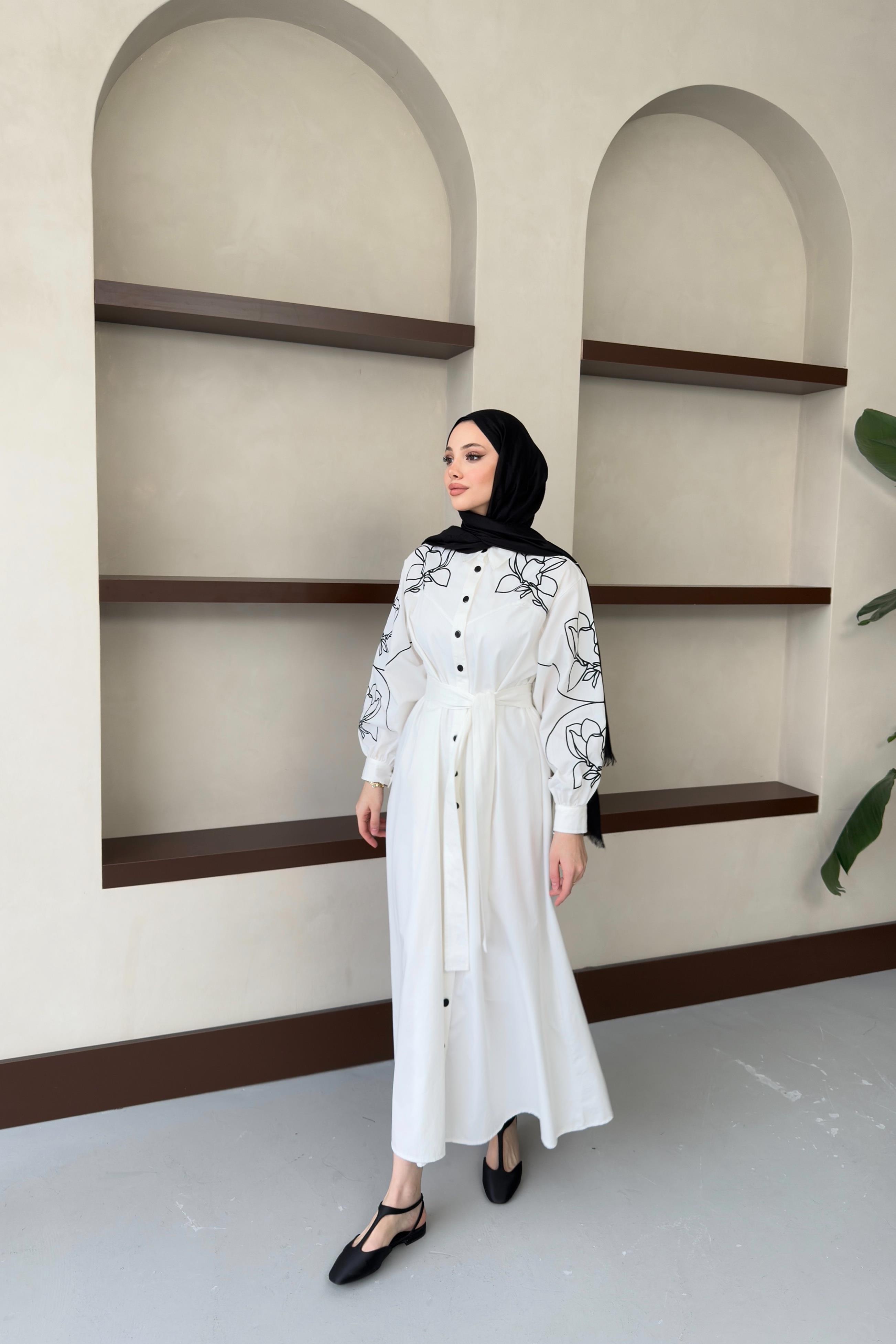 Nakış İşlemeli Gabardin Elbise - Ekru Nakış İşlemeli Gabardin Elbise - Ekru