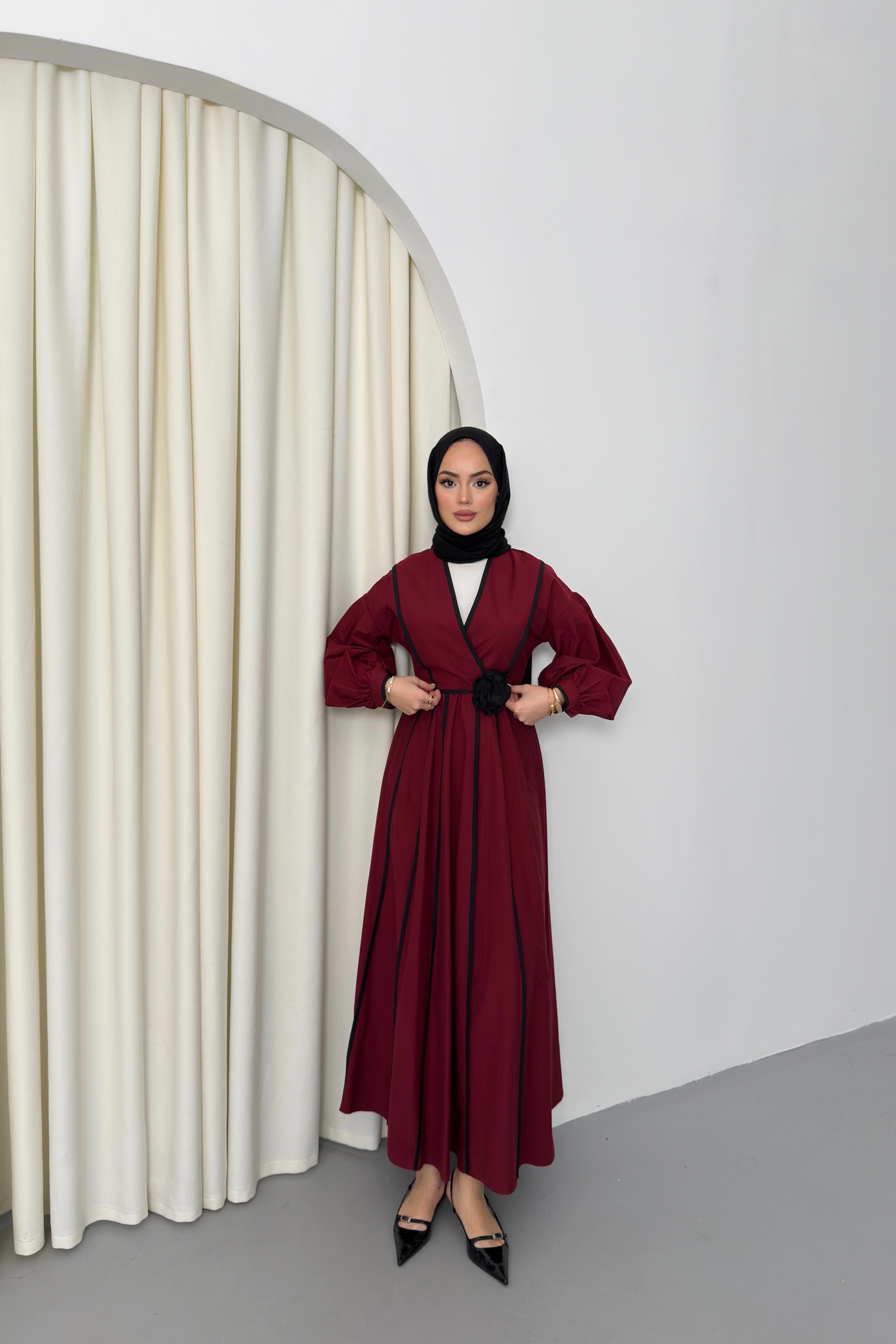 V Yaka Şeritli Elbise - Bordo V Yaka Şeritli Elbise - Bordo