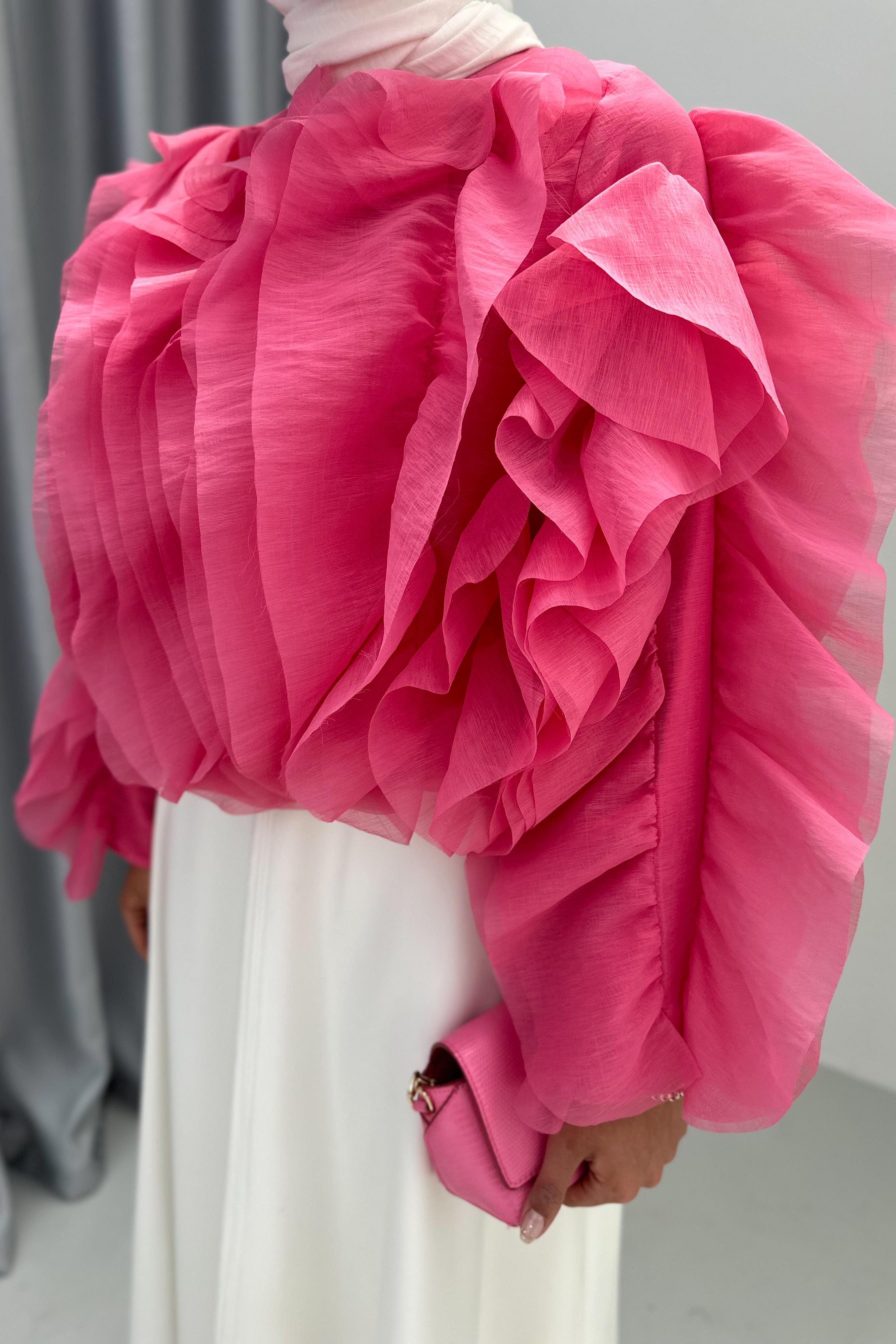 VOLANLI KISA BLUZ - PEMBE VOLANLI KISA BLUZ - PEMBE