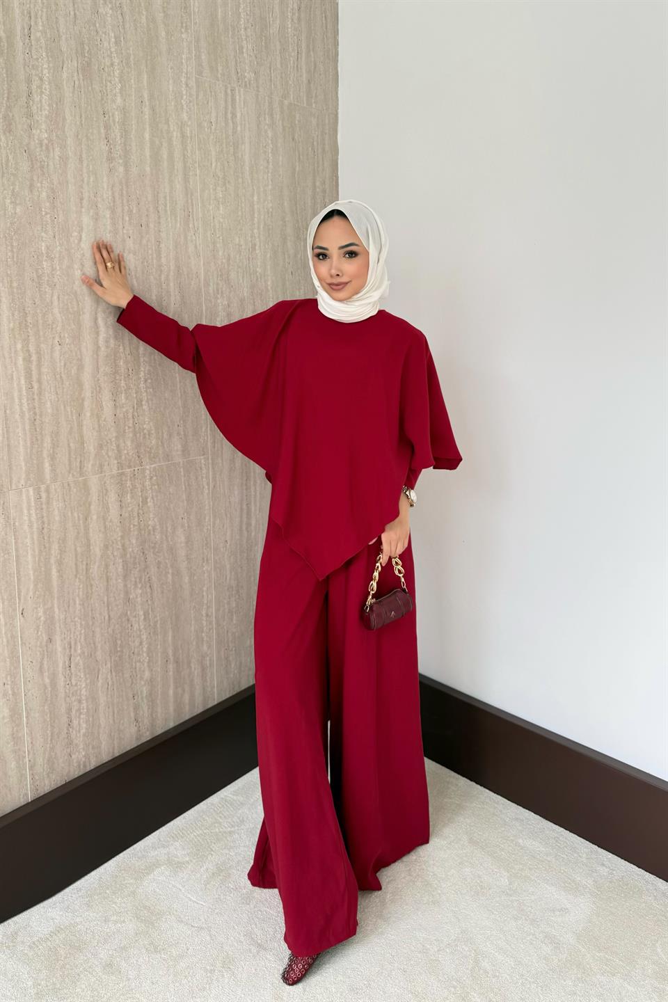 3 Parçalı Modal Pantolonlu Takım - Kırmızı