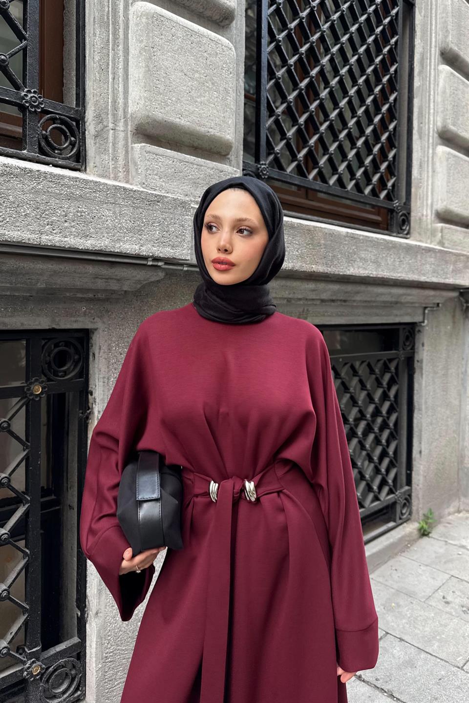 Accessorized Waist-Tied Dress - Burgundy