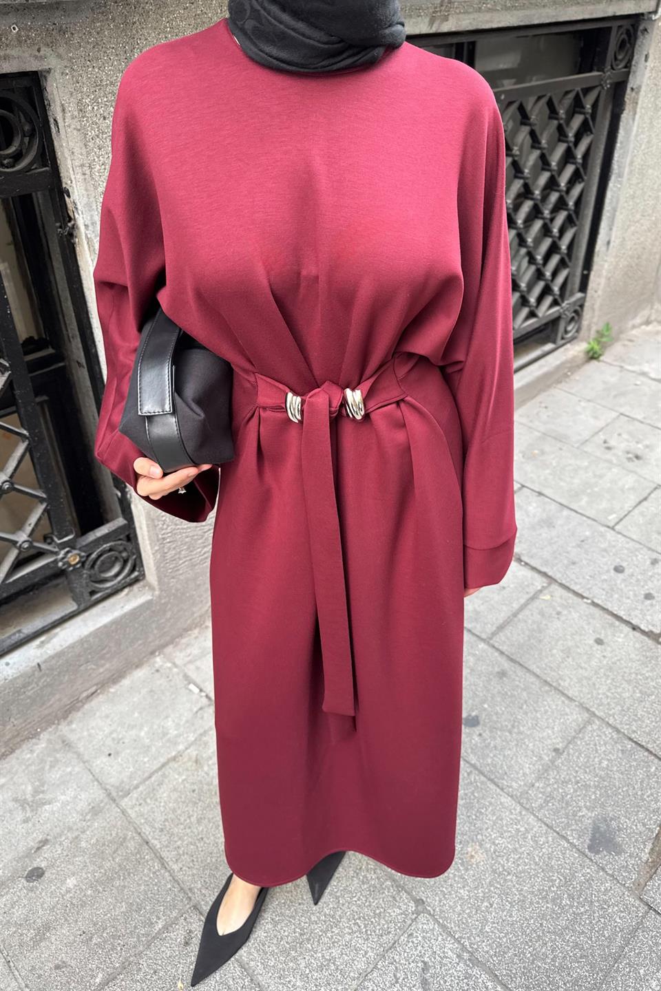 Accessorized Waist-Tied Dress - Burgundy